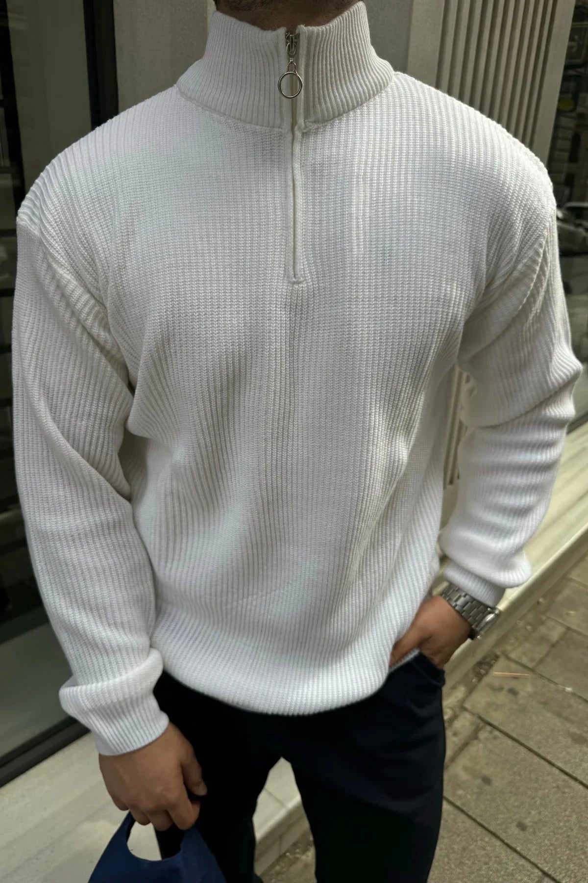 Erkek Yarım Fermuarlı Dik Yaka Kalın Kazak Triko - Livio Ferri