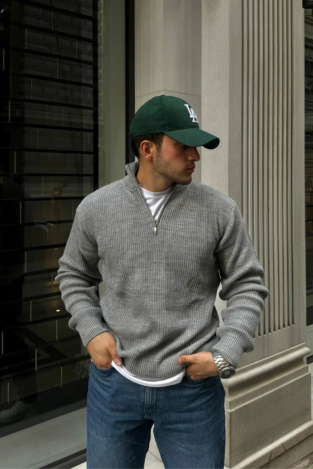 Erkek Yarım Fermuarlı Dik Yaka Kalın Kazak Triko - Livio Ferri