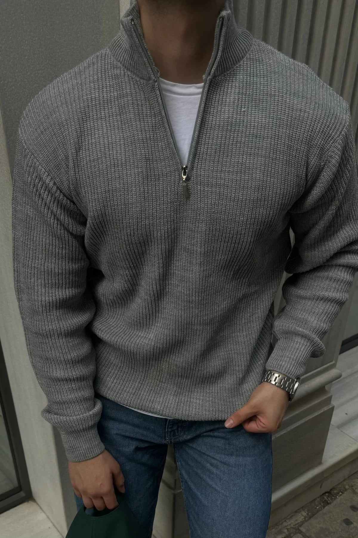 Erkek Yarım Fermuarlı Dik Yaka Kalın Kazak Triko - Livio Ferri