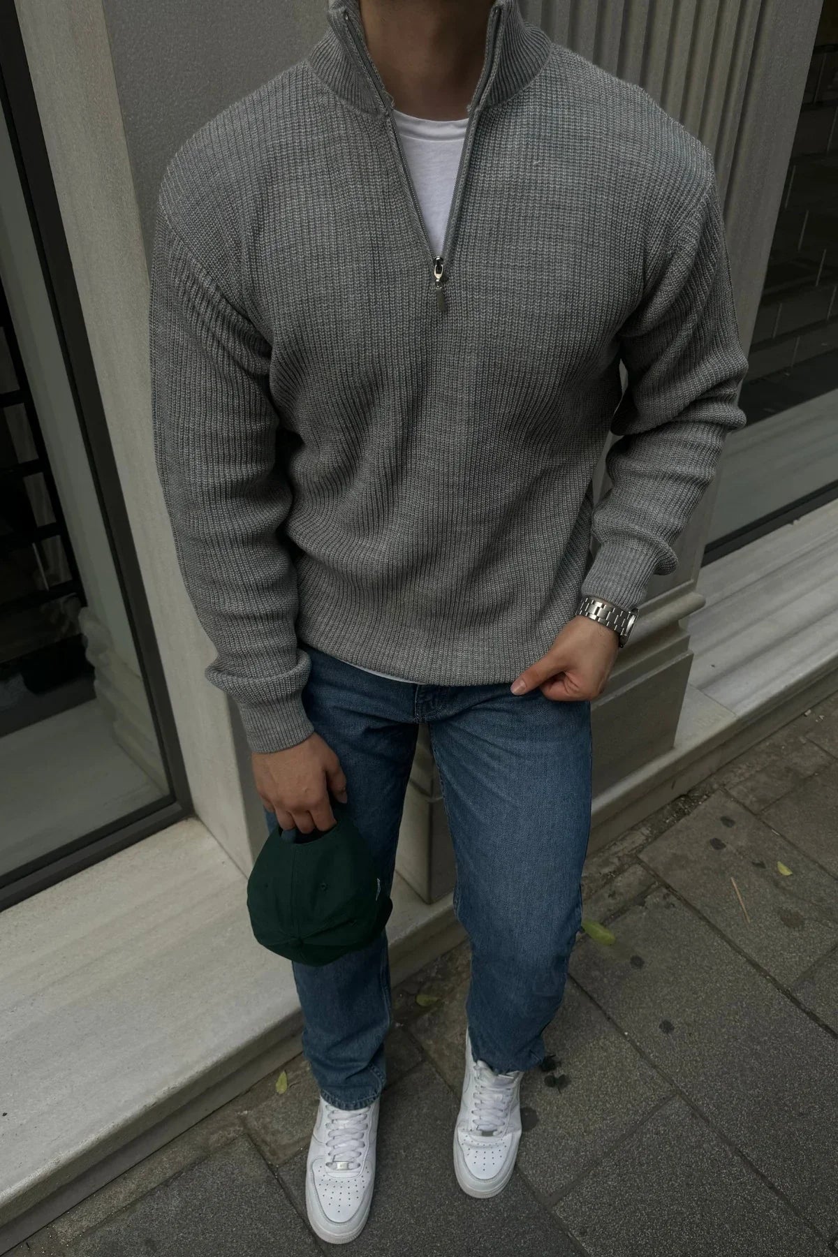 Erkek Yarım Fermuarlı Dik Yaka Kalın Kazak Triko - Livio Ferri