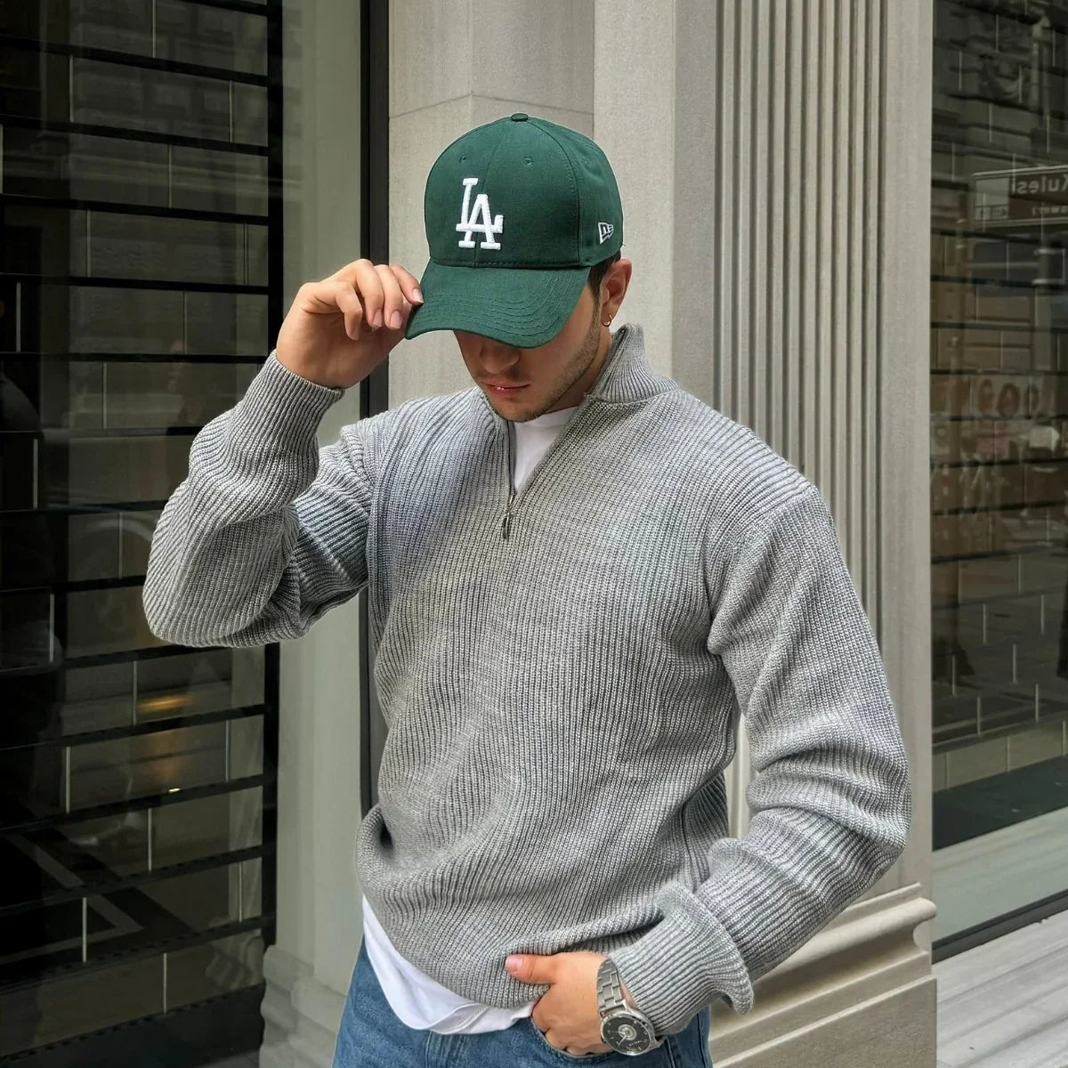 Erkek Yarım Fermuarlı Dik Yaka Kalın Kazak Triko - Livio Ferri