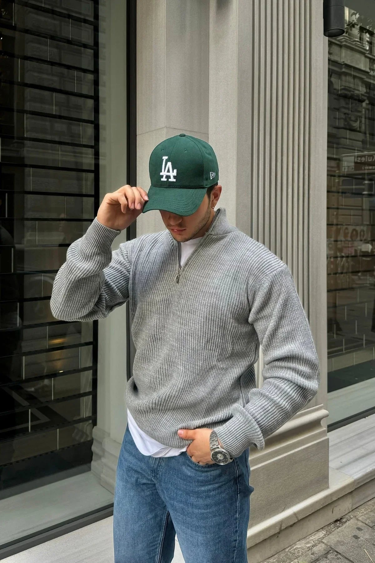 Erkek Yarım Fermuarlı Dik Yaka Kalın Kazak Triko - Livio Ferri