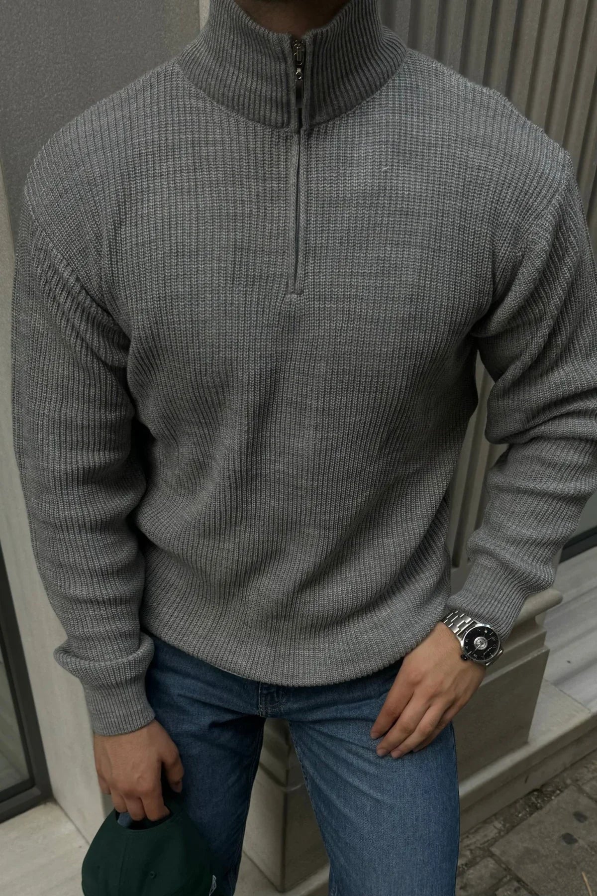 Erkek Yarım Fermuarlı Dik Yaka Kalın Kazak Triko - Livio Ferri