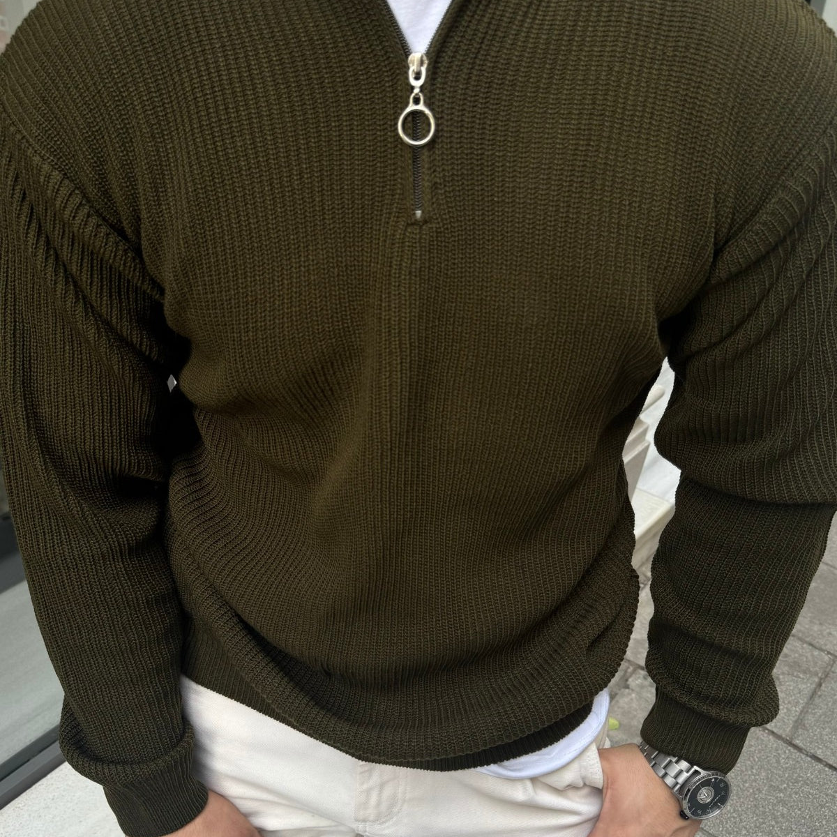 Erkek Yarım Fermuarlı Dik Yaka Kalın Kazak Triko