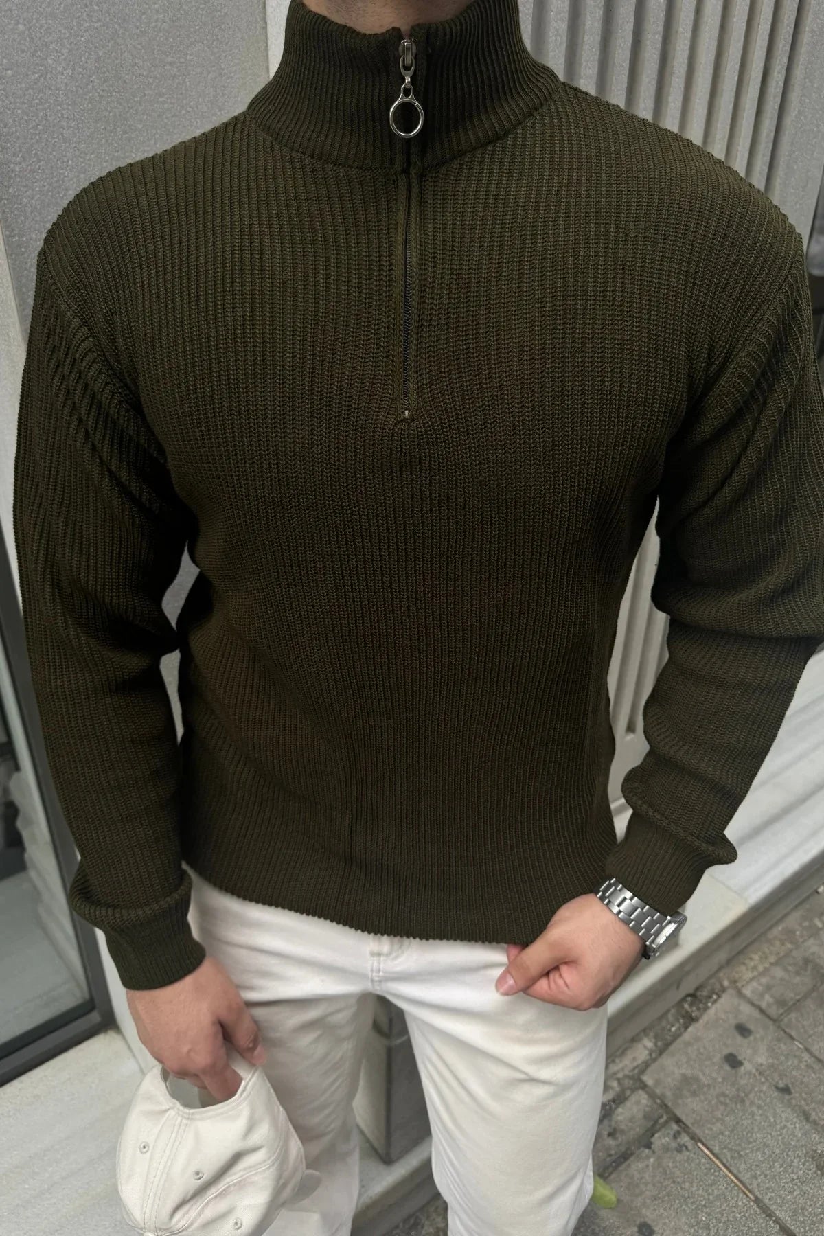 Erkek Yarım Fermuarlı Dik Yaka Kalın Kazak Triko - Livio Ferri