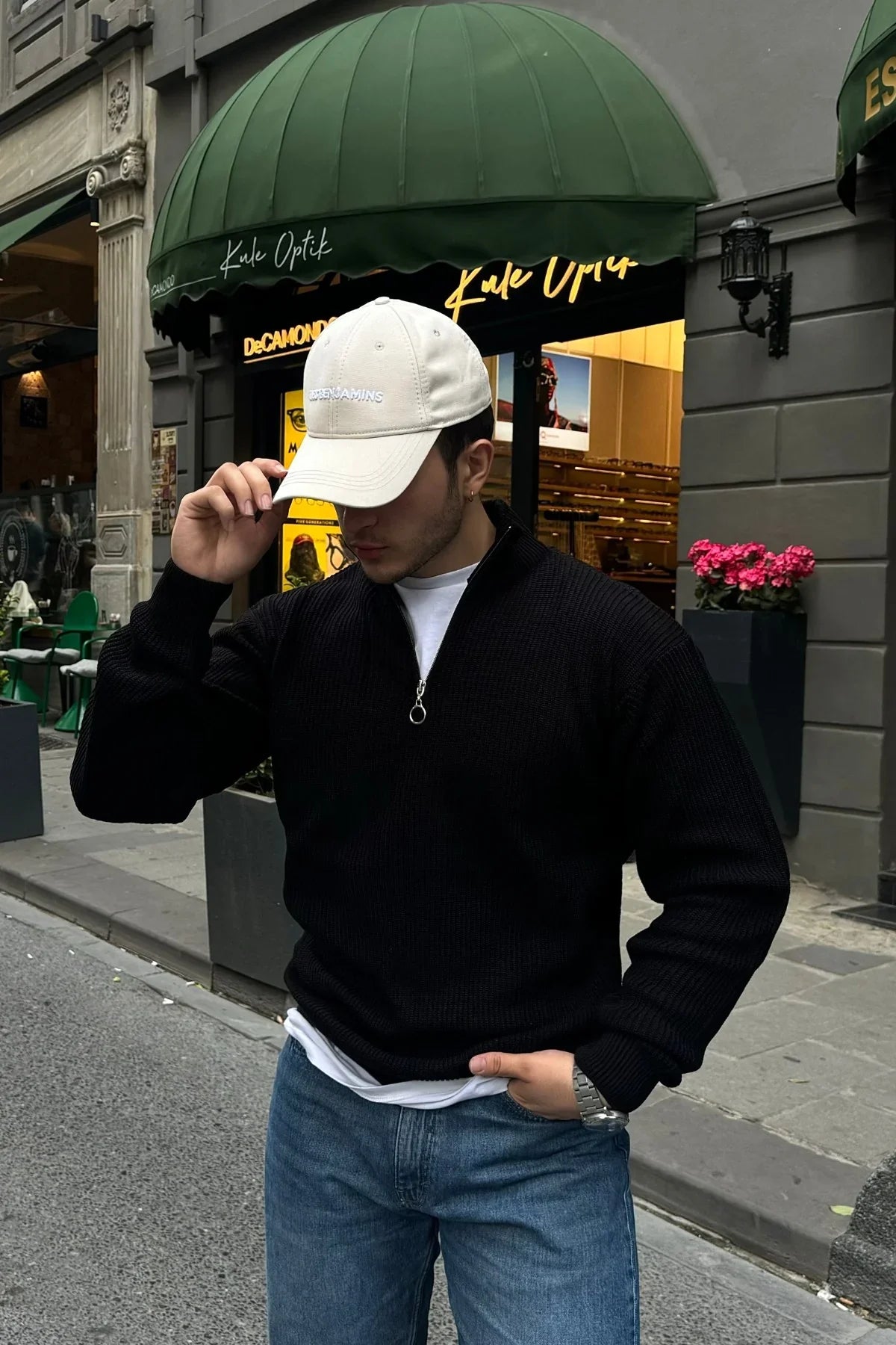 Erkek Yarım Fermuarlı Dik Yaka Kalın Kazak Triko - Livio Ferri