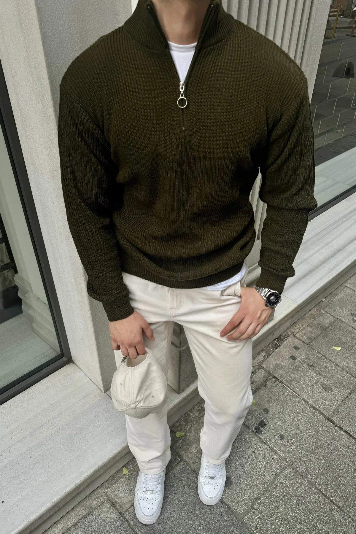 Erkek Yarım Fermuarlı Dik Yaka Kalın Kazak Triko - Livio Ferri