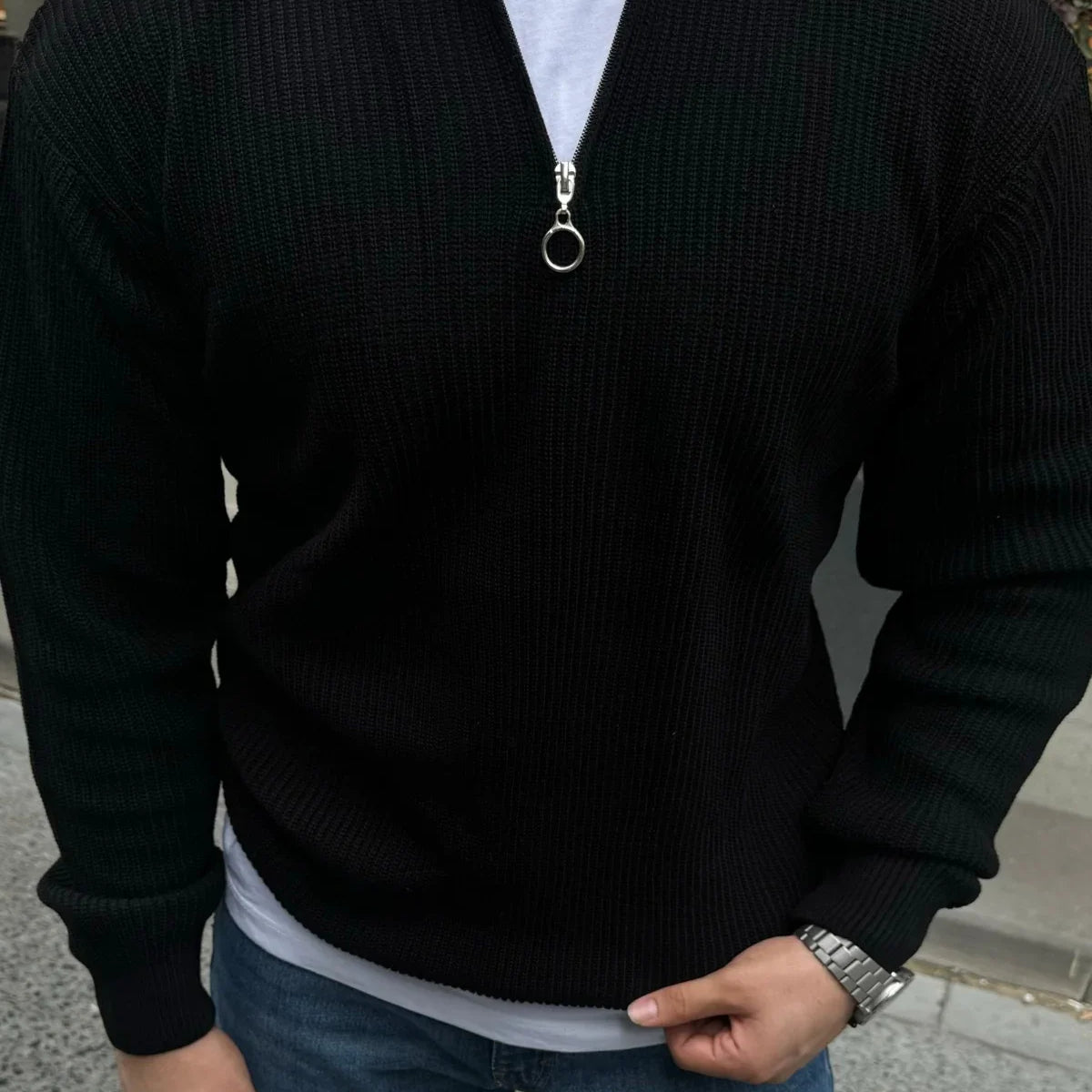 Erkek Yarım Fermuarlı Dik Yaka Kalın Kazak Triko - Livio Ferri