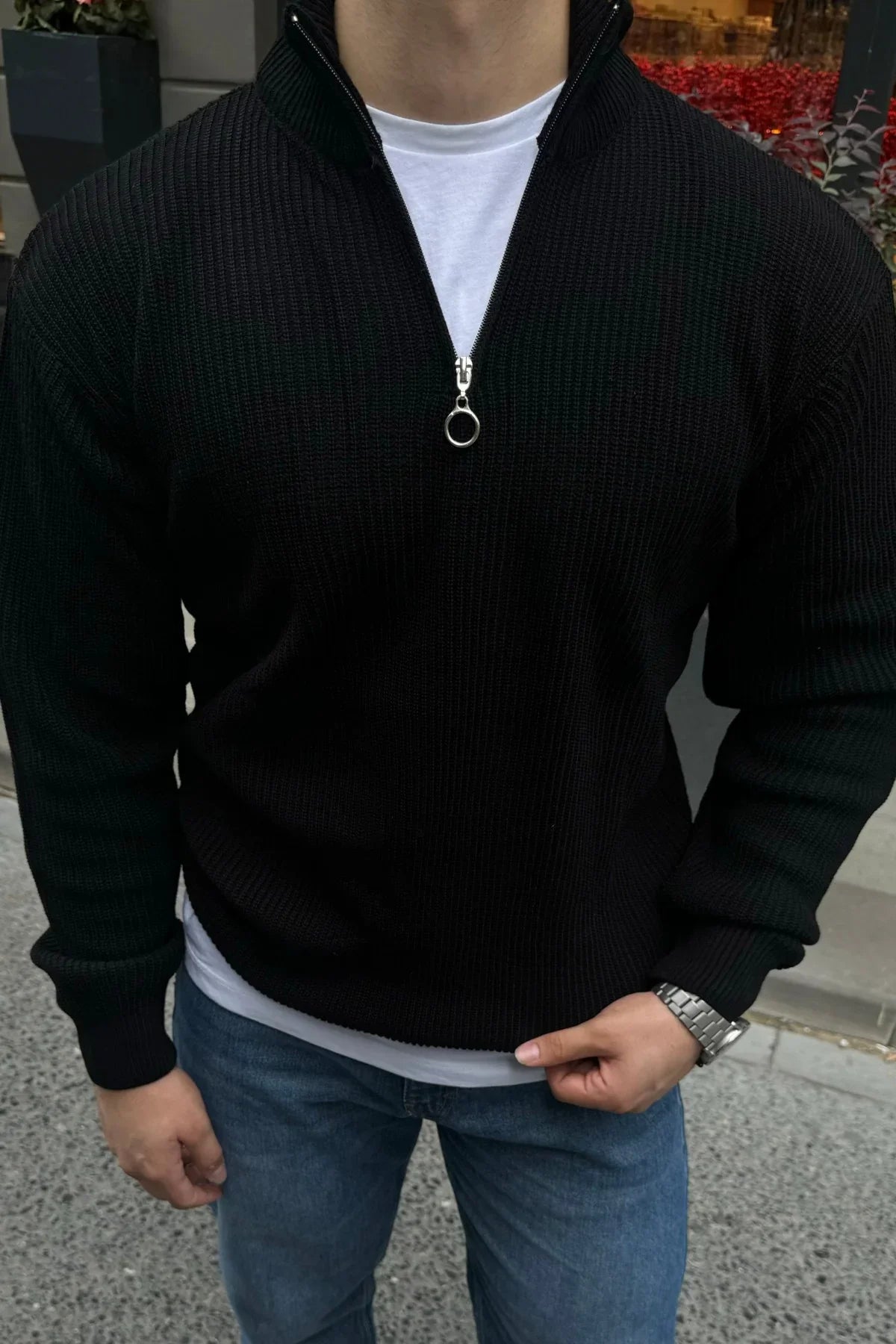 Erkek Yarım Fermuarlı Dik Yaka Kalın Kazak Triko - Livio Ferri