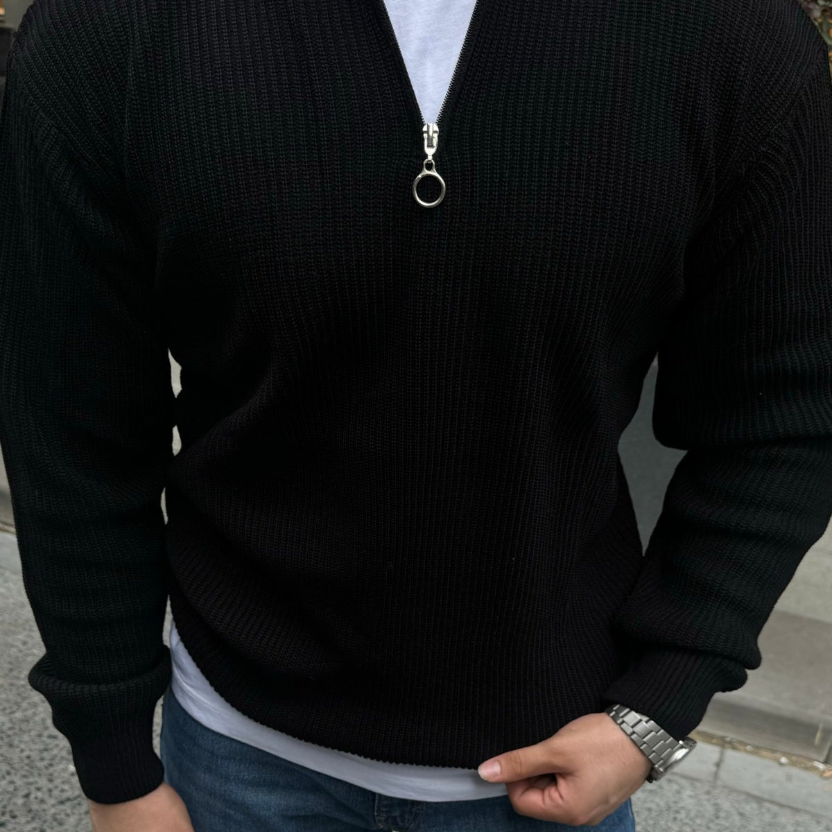 Erkek Yarım Fermuarlı Dik Yaka Kalın Kazak Triko