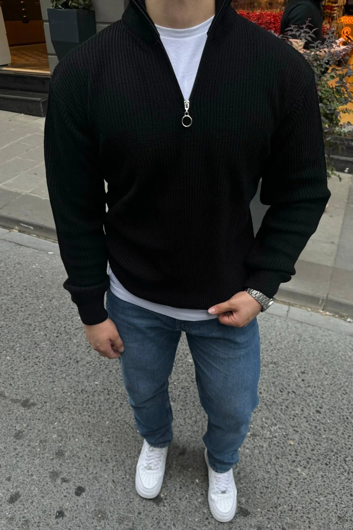 Erkek Yarım Fermuarlı Dik Yaka Kalın Kazak Triko - Livio Ferri