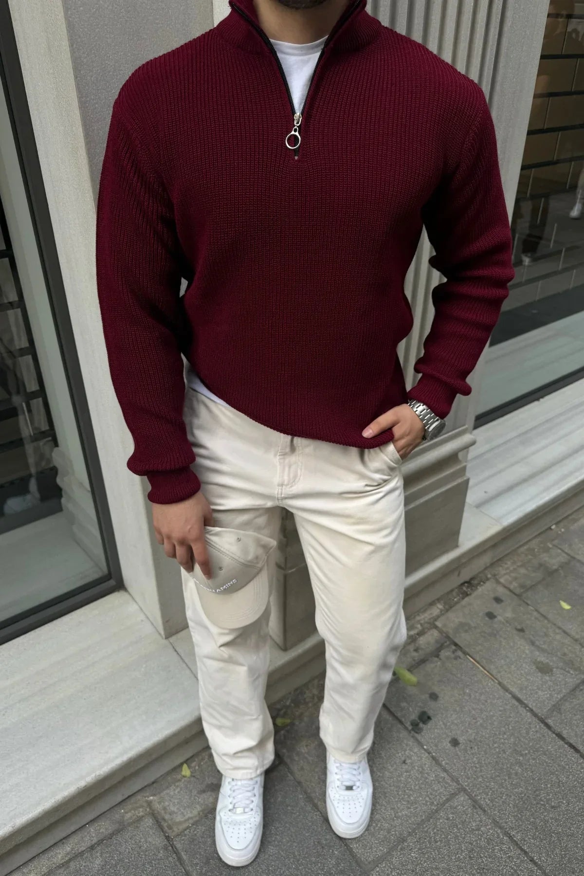 Erkek Yarım Fermuarlı Dik Yaka Kalın Kazak Triko - Livio Ferri