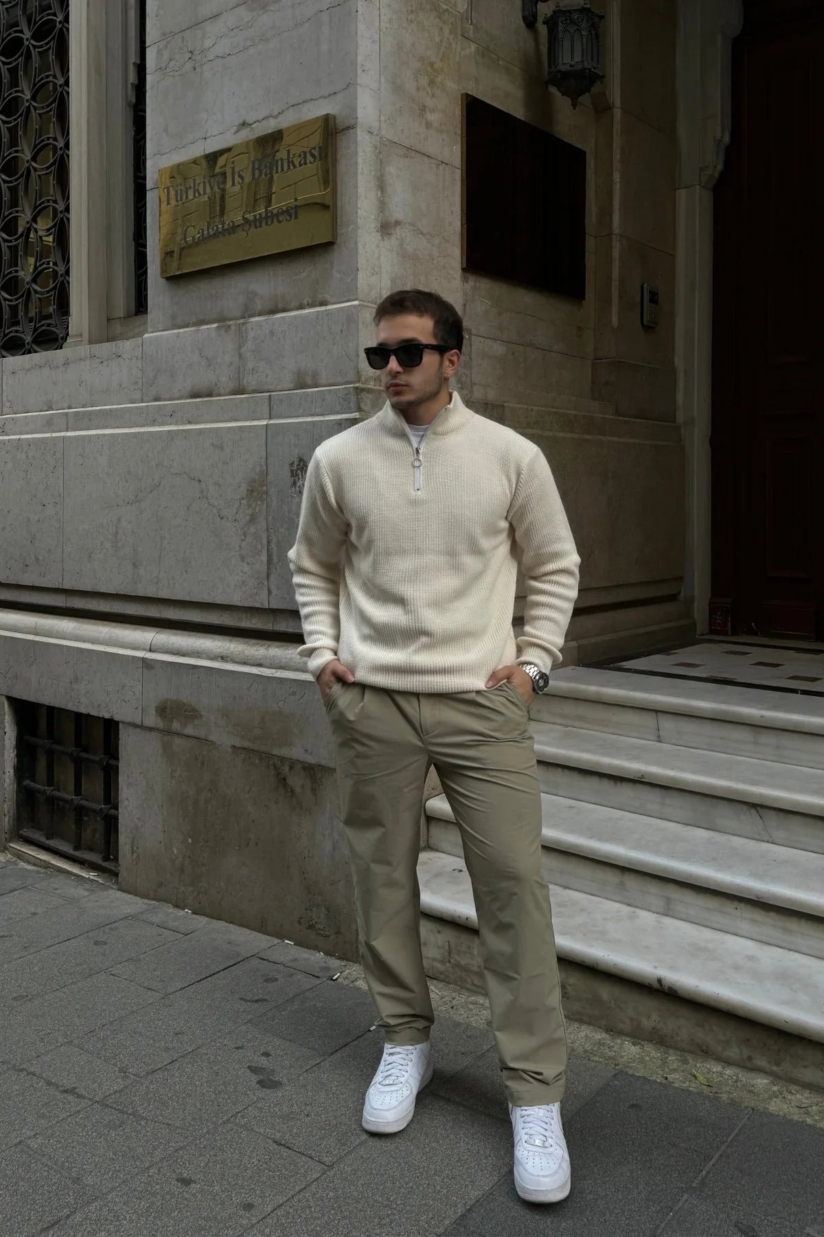 Erkek Yarım Fermuarlı Dik Yaka Kalın Kazak Triko - Livio Ferri