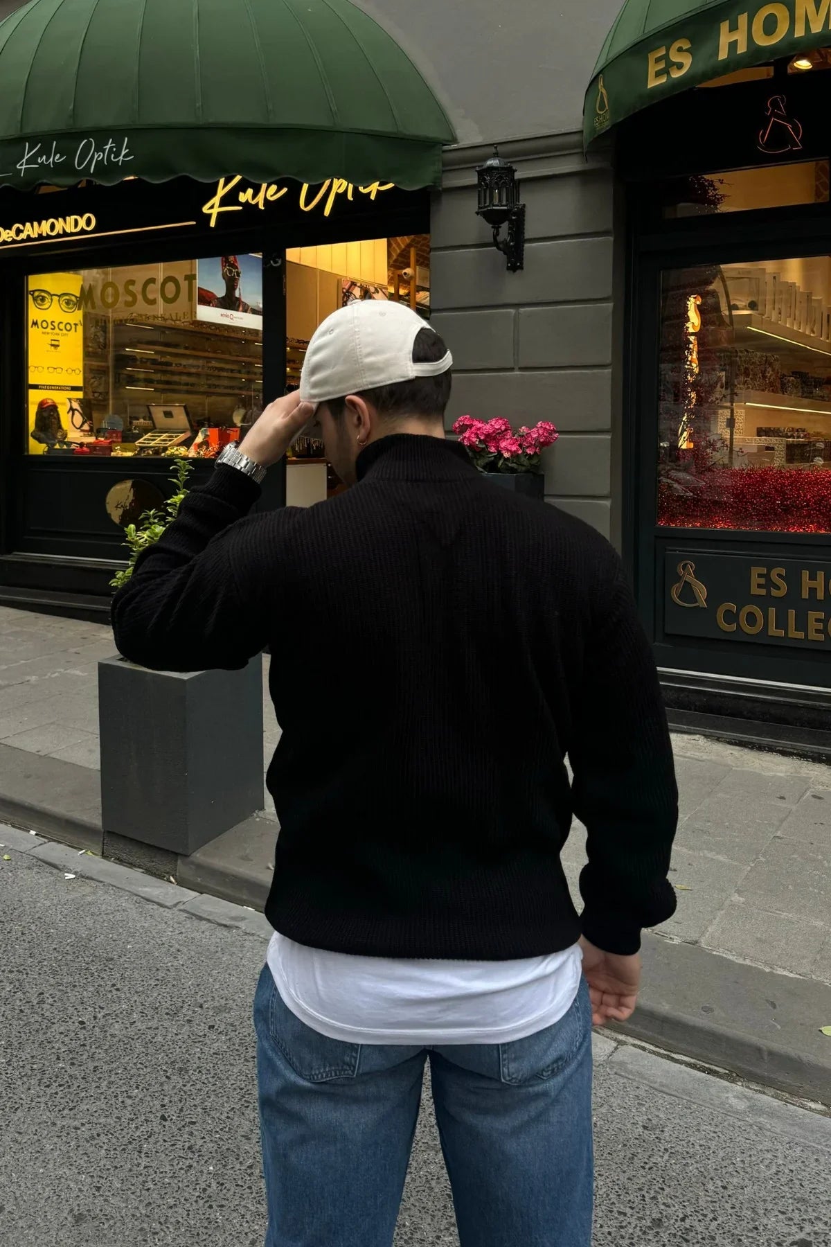 Erkek Yarım Fermuarlı Dik Yaka Kalın Kazak Triko - Livio Ferri