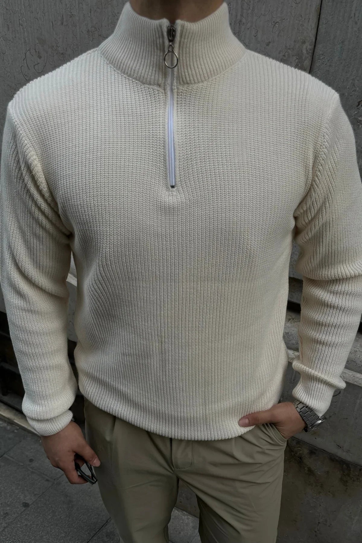 Erkek Yarım Fermuarlı Dik Yaka Kalın Kazak Triko - Livio Ferri