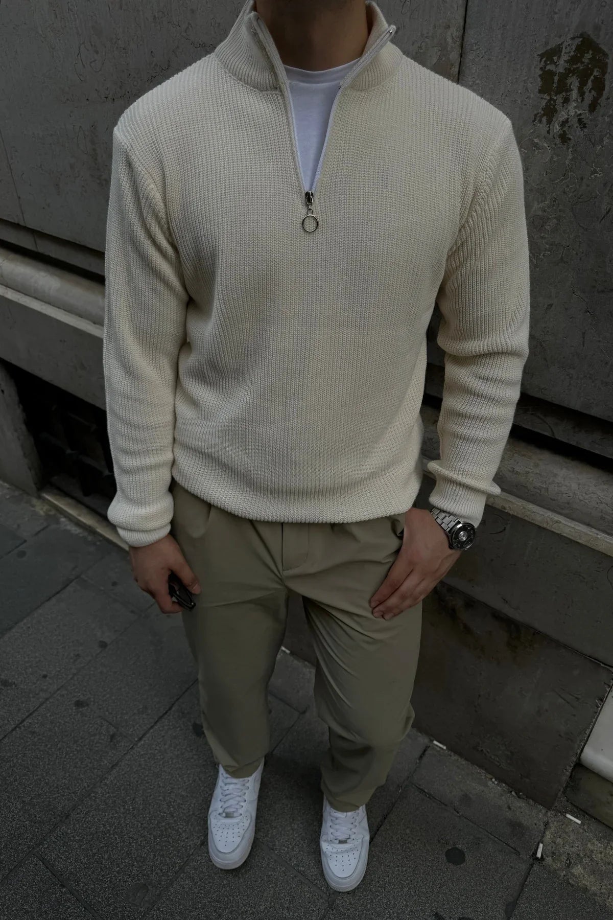 Erkek Yarım Fermuarlı Dik Yaka Kalın Kazak Triko - Livio Ferri