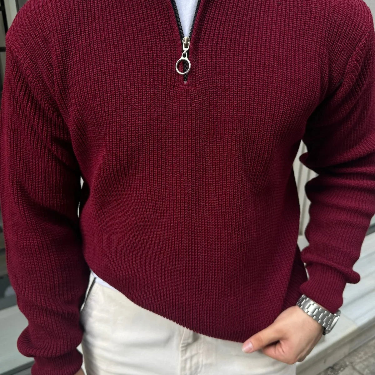 Erkek Yarım Fermuarlı Dik Yaka Kalın Kazak Triko - Livio Ferri