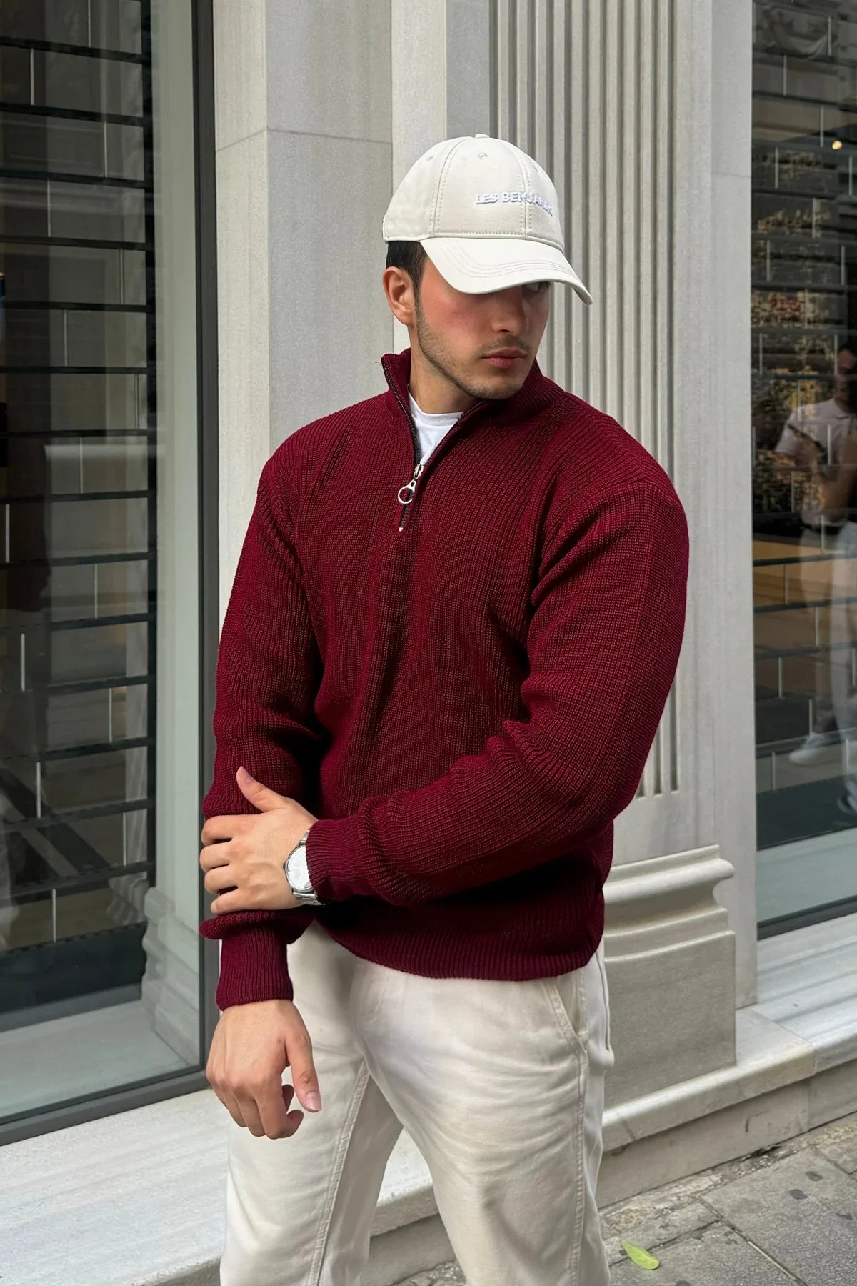 Erkek Yarım Fermuarlı Dik Yaka Kalın Kazak Triko - Livio Ferri