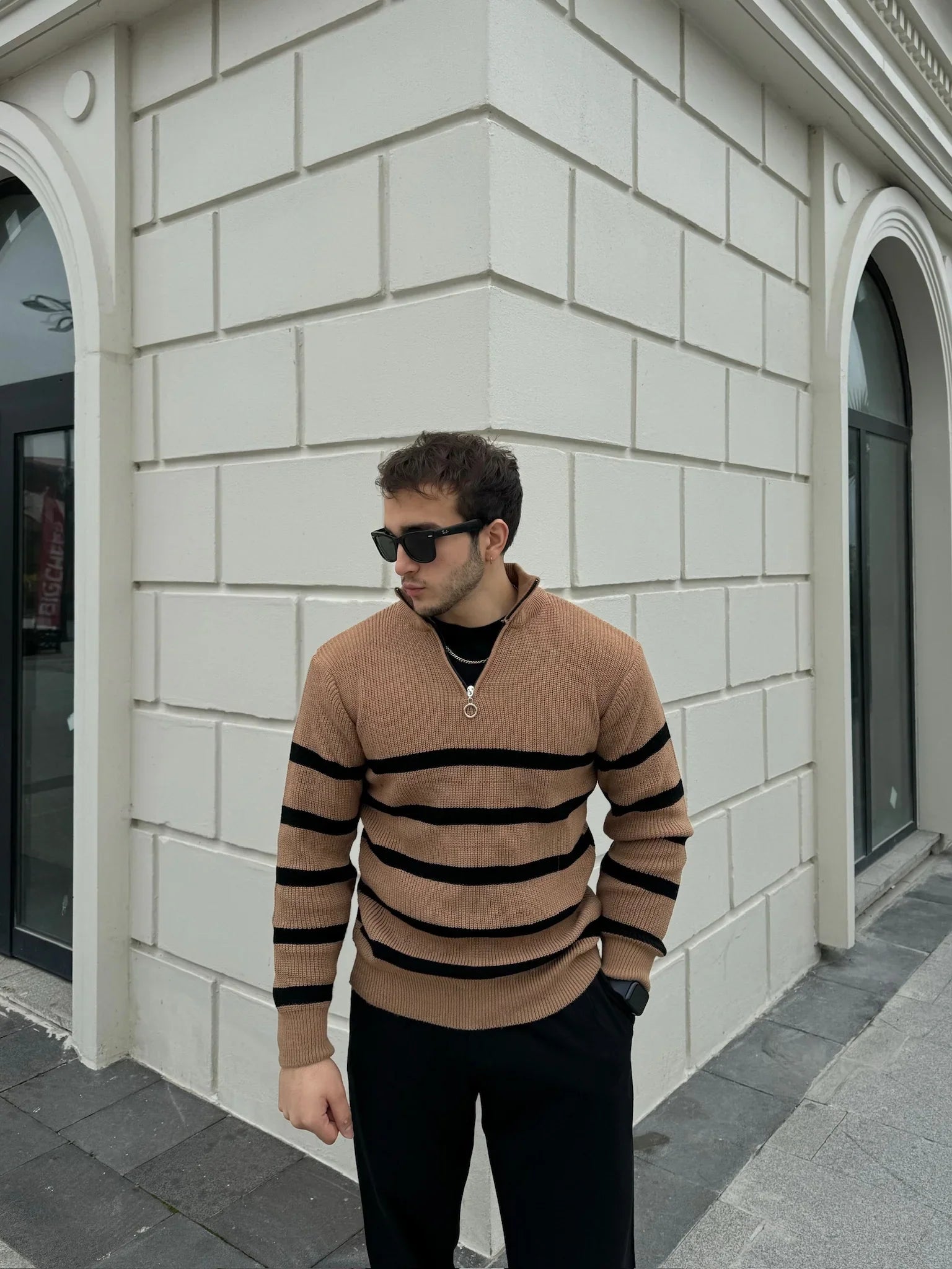 Erkek Yarım Fermuarlı Dik Yaka Kalın Kazak Triko - Livio Ferri