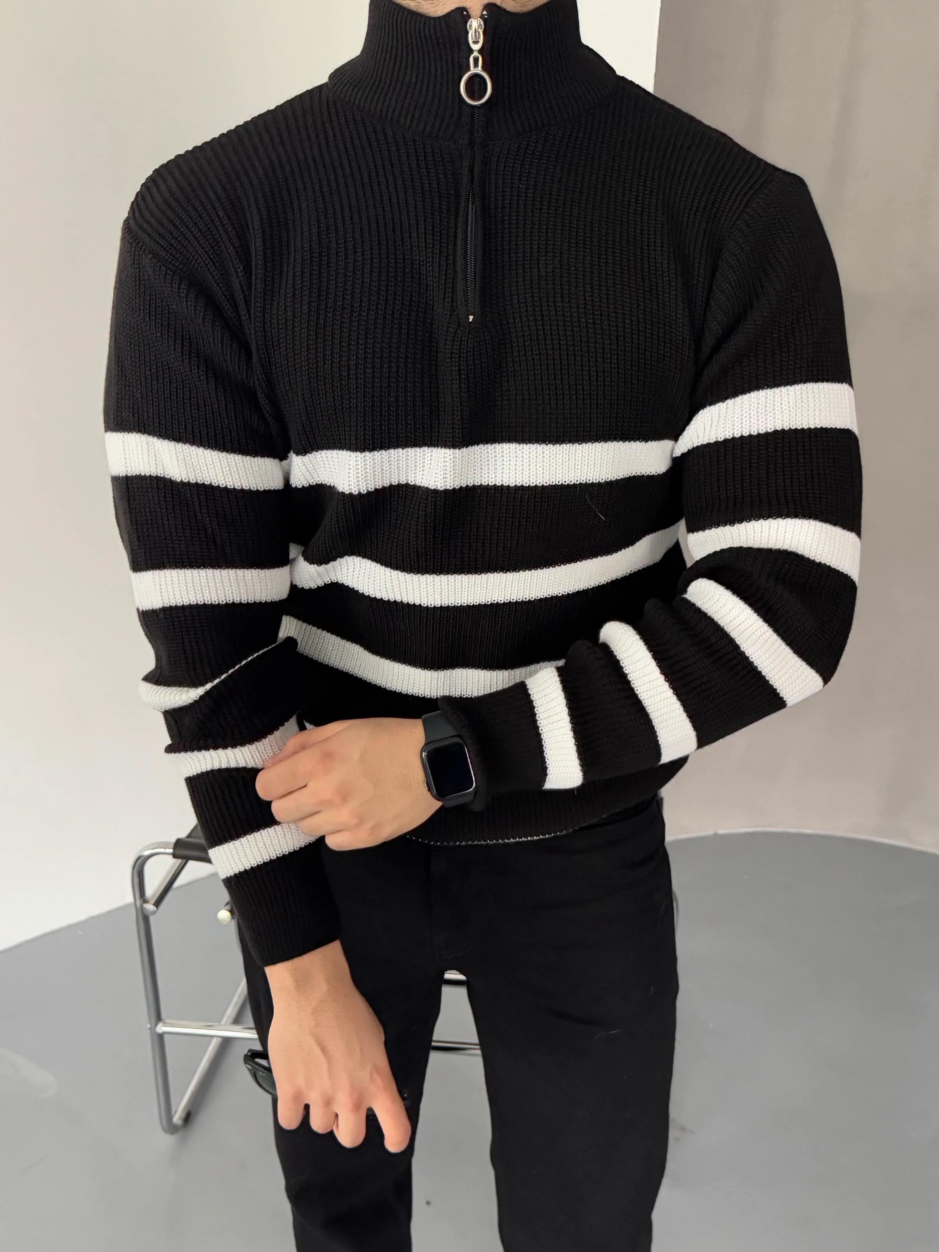 Erkek Yarım Fermuarlı Dik Yaka Kalın Kazak Triko - Livio Ferri