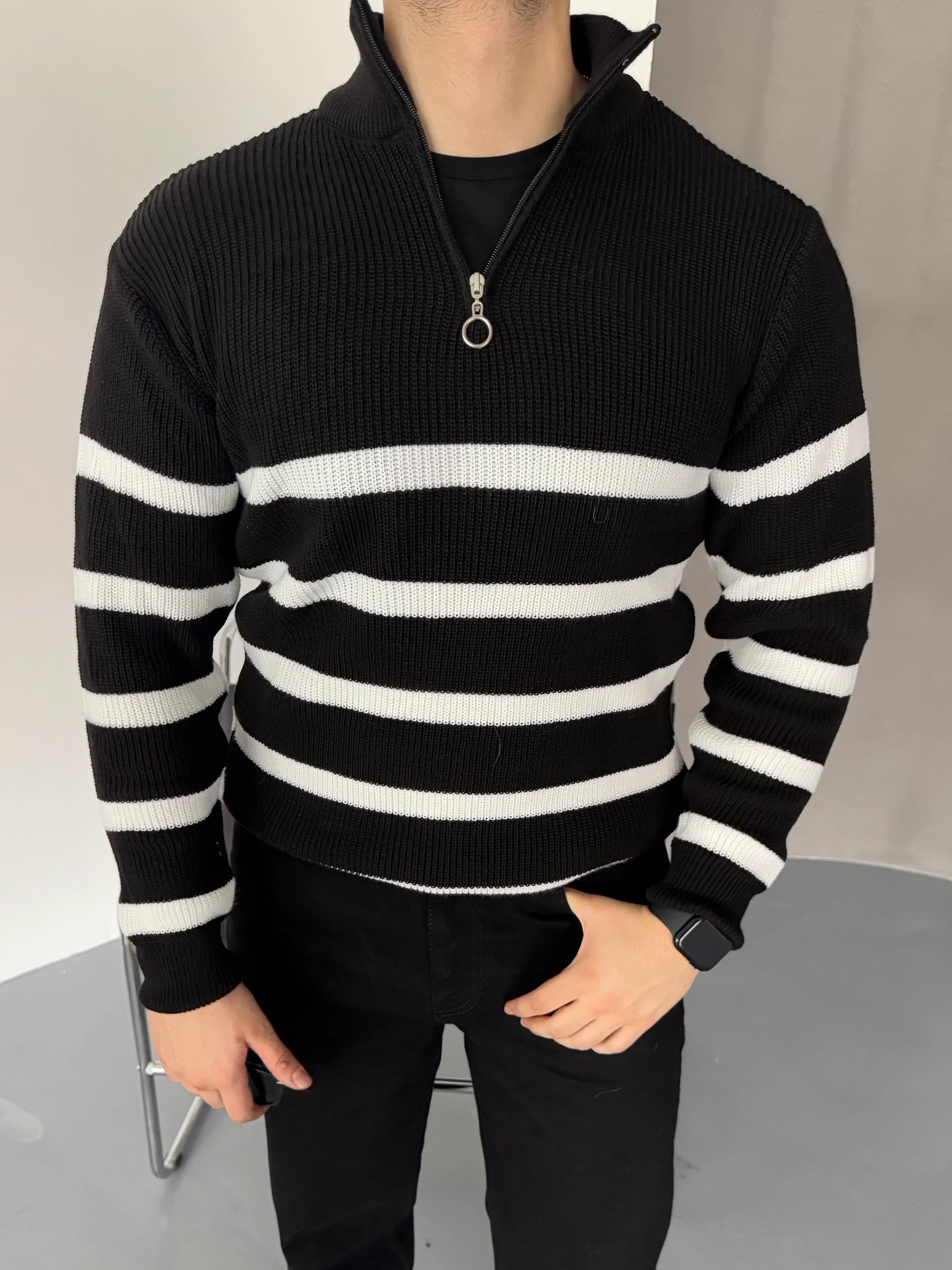 Erkek Yarım Fermuarlı Dik Yaka Kalın Kazak Triko - Livio Ferri