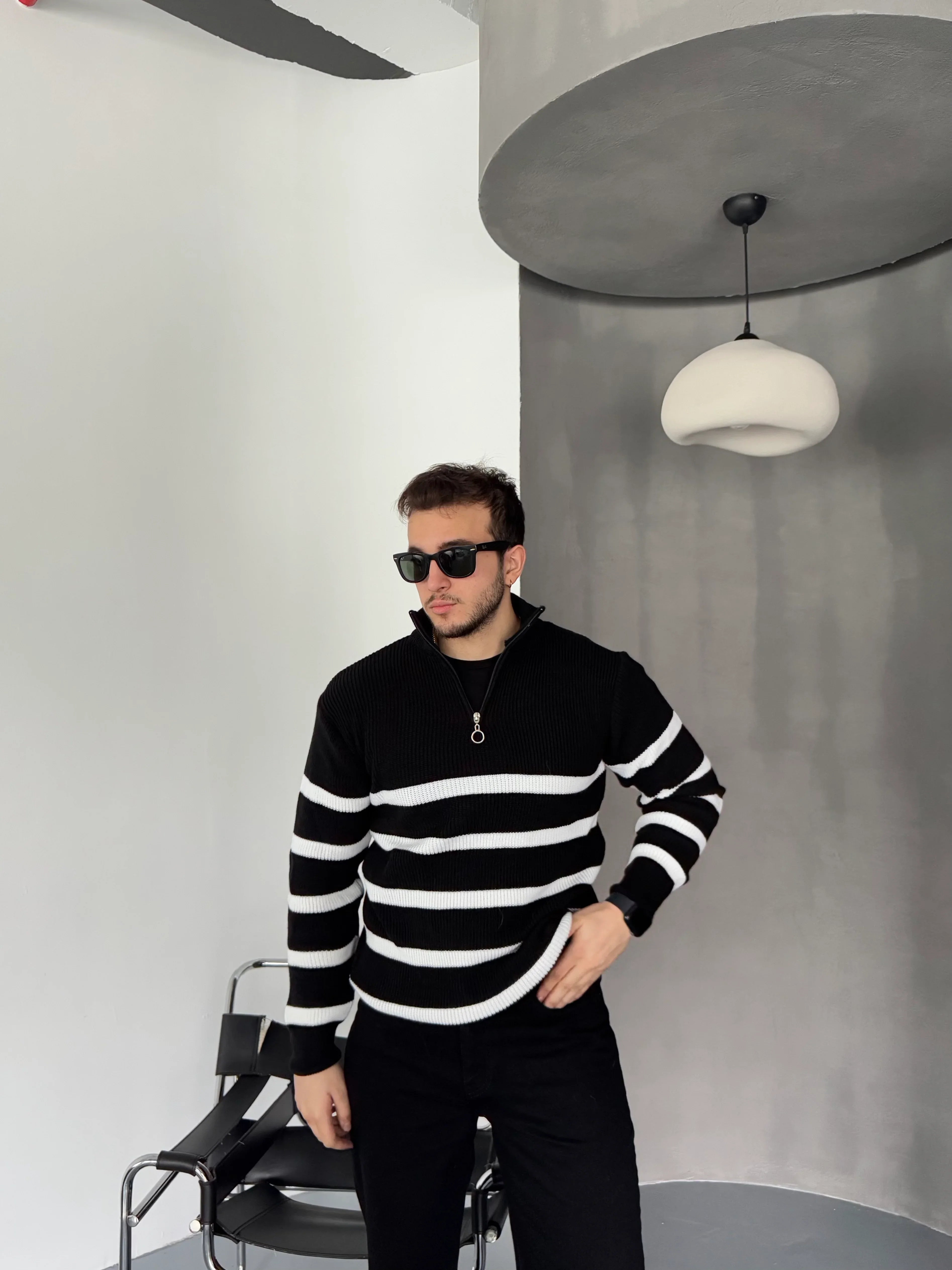 Erkek Yarım Fermuarlı Dik Yaka Kalın Kazak Triko - Livio Ferri