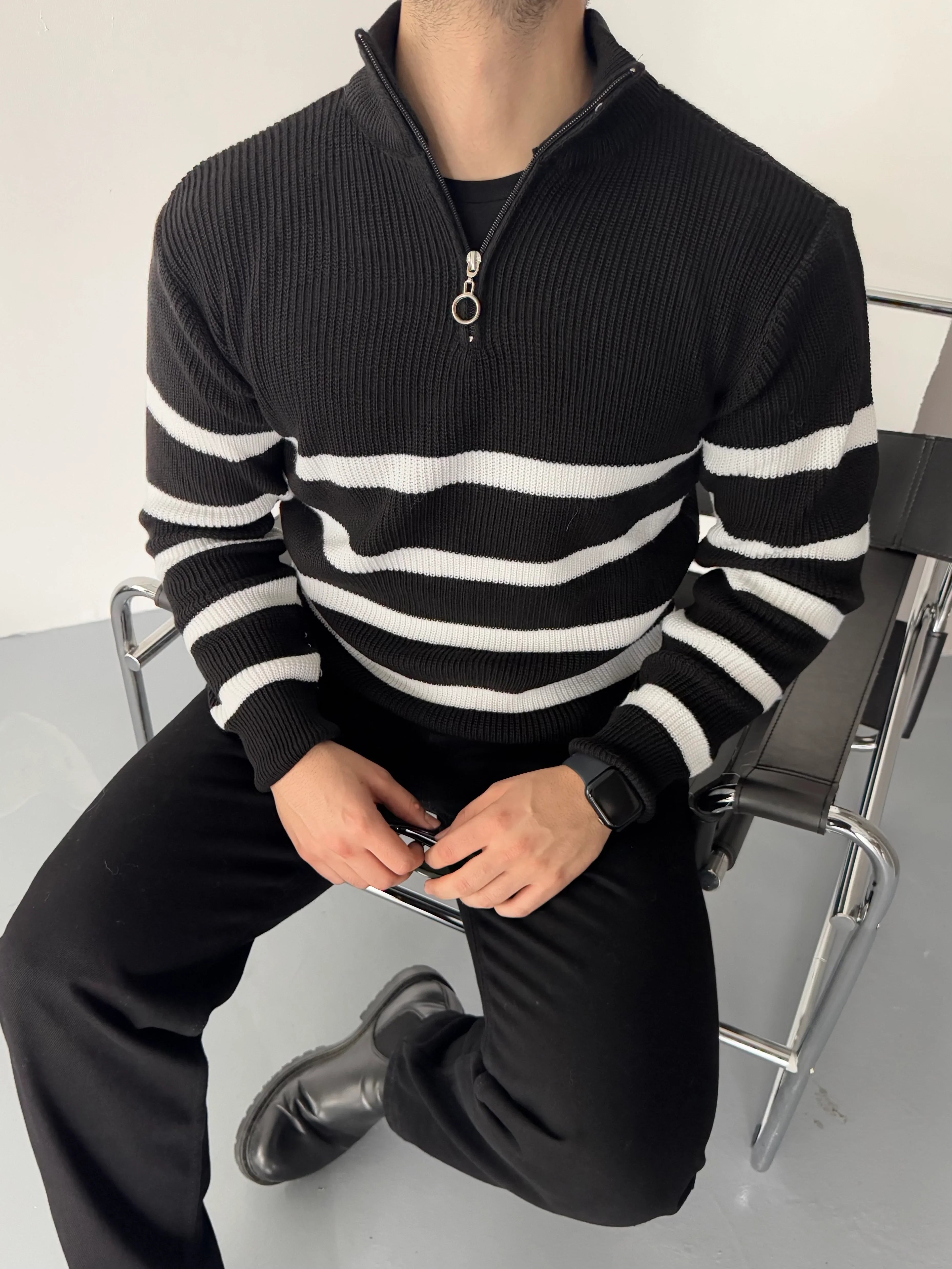 Erkek Yarım Fermuarlı Dik Yaka Kalın Kazak Triko - Livio Ferri