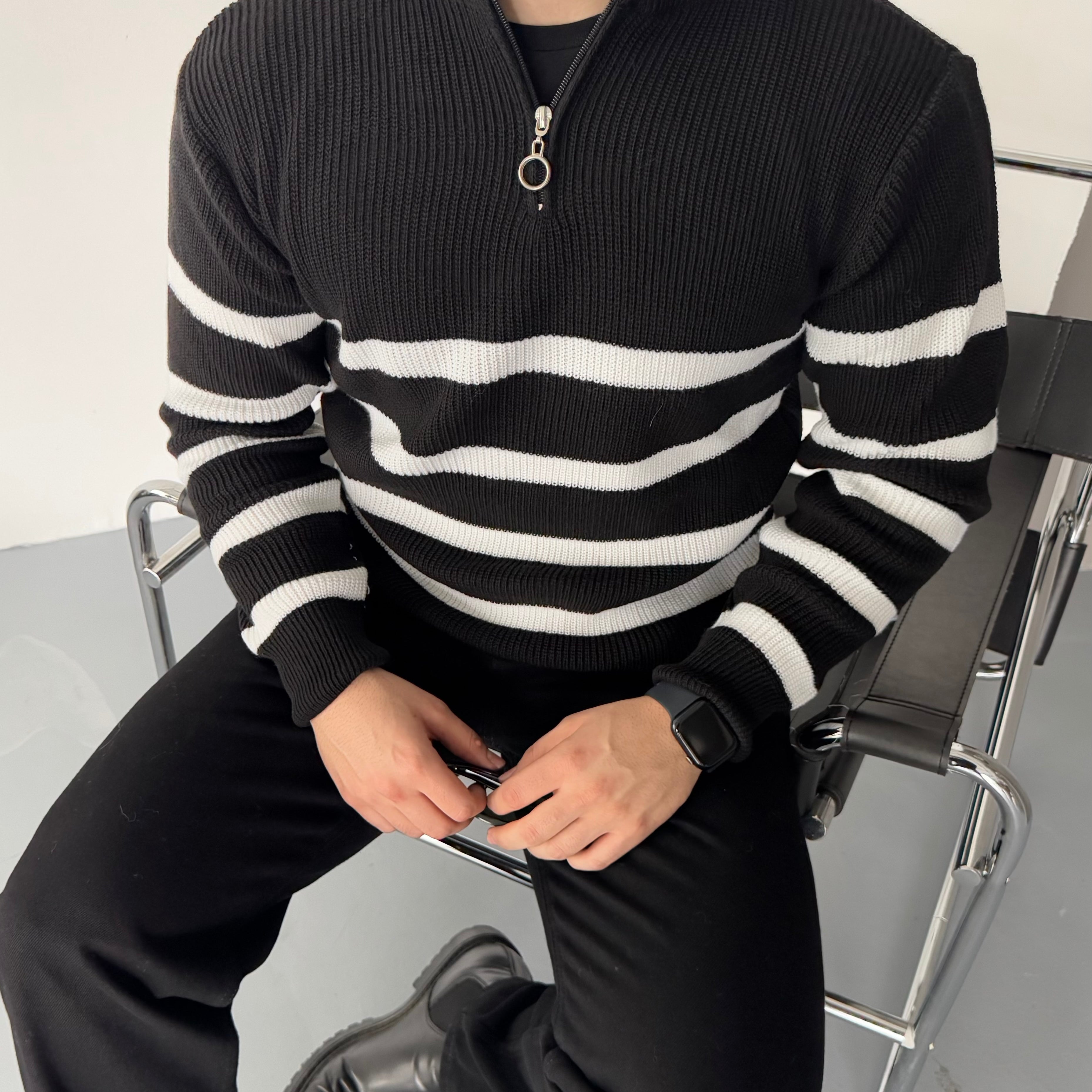 Erkek Yarım Fermuarlı Dik Yaka Kalın Kazak Triko