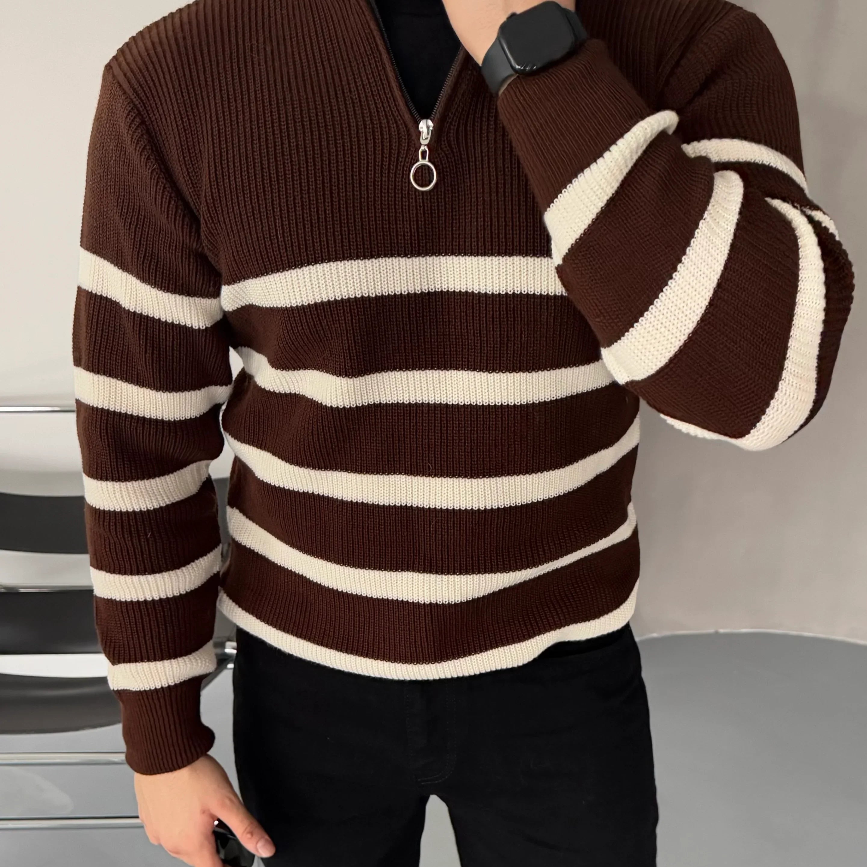 Erkek Yarım Fermuarlı Dik Yaka Kalın Kazak Triko - Livio Ferri