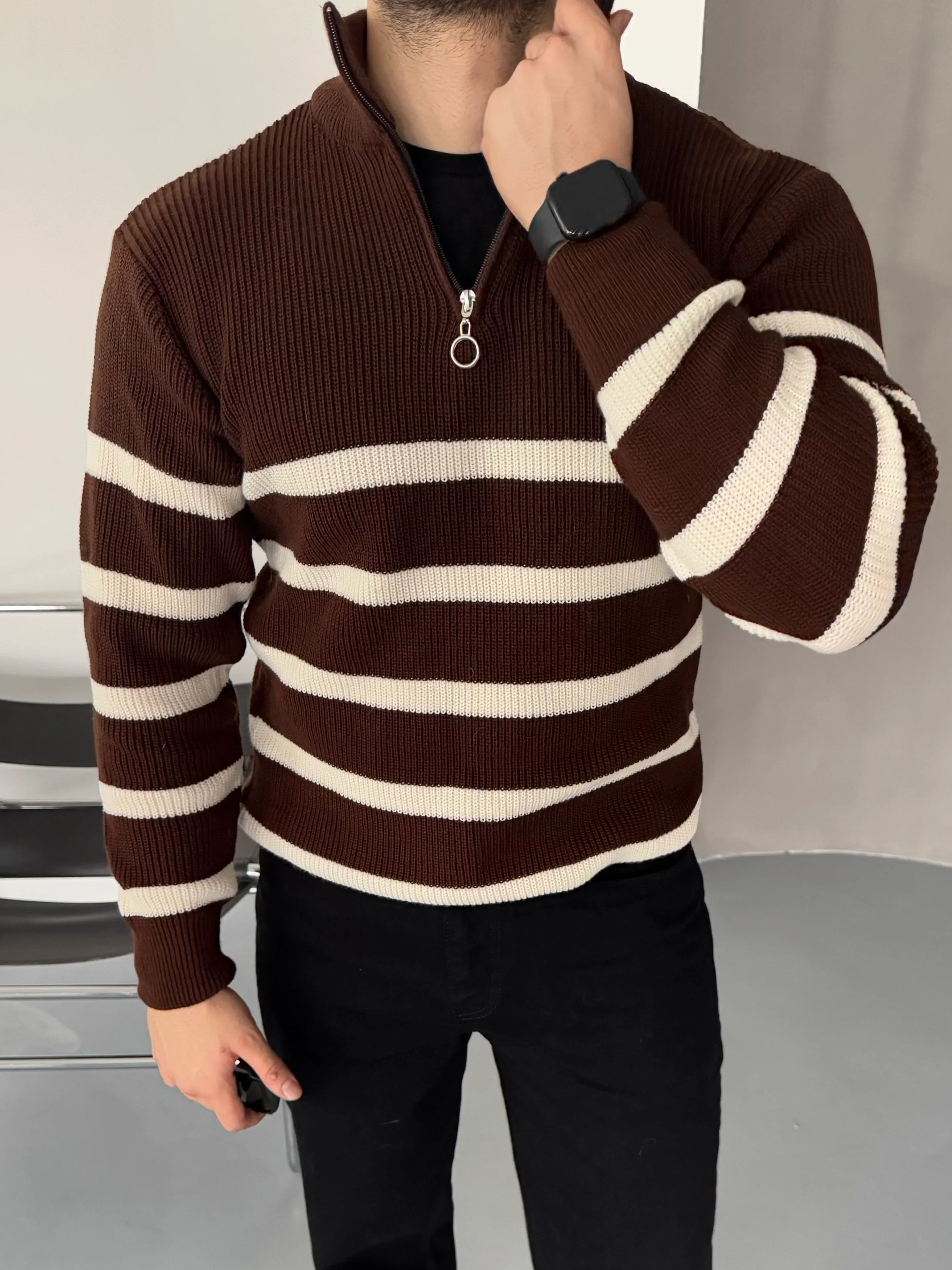 Erkek Yarım Fermuarlı Dik Yaka Kalın Kazak Triko - Livio Ferri