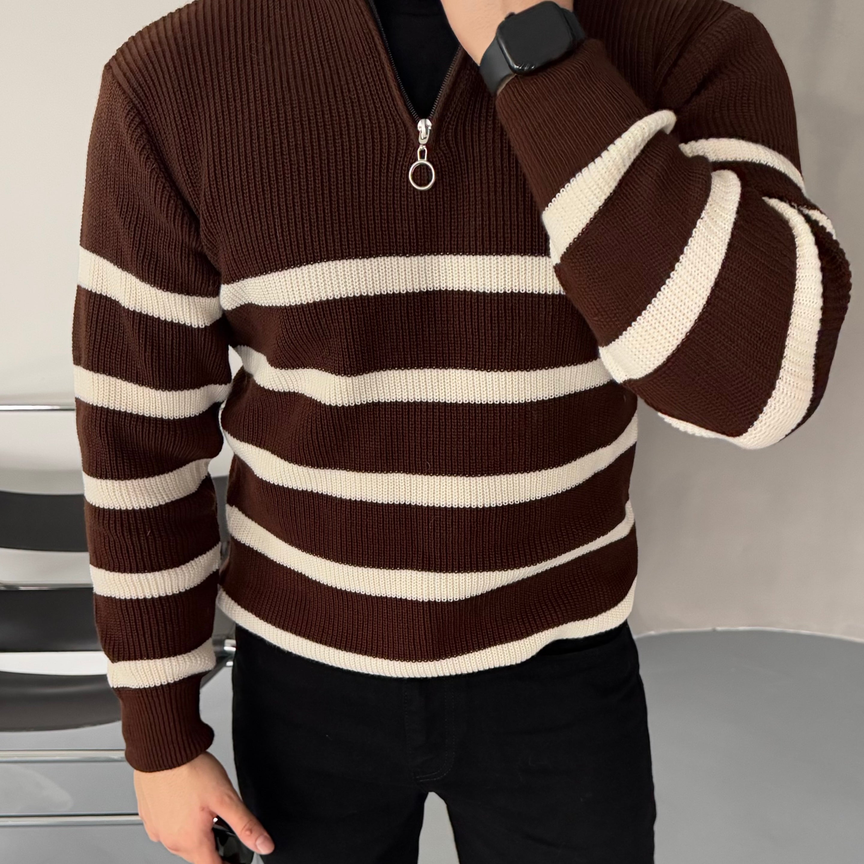 Erkek Yarım Fermuarlı Dik Yaka Kalın Kazak Triko