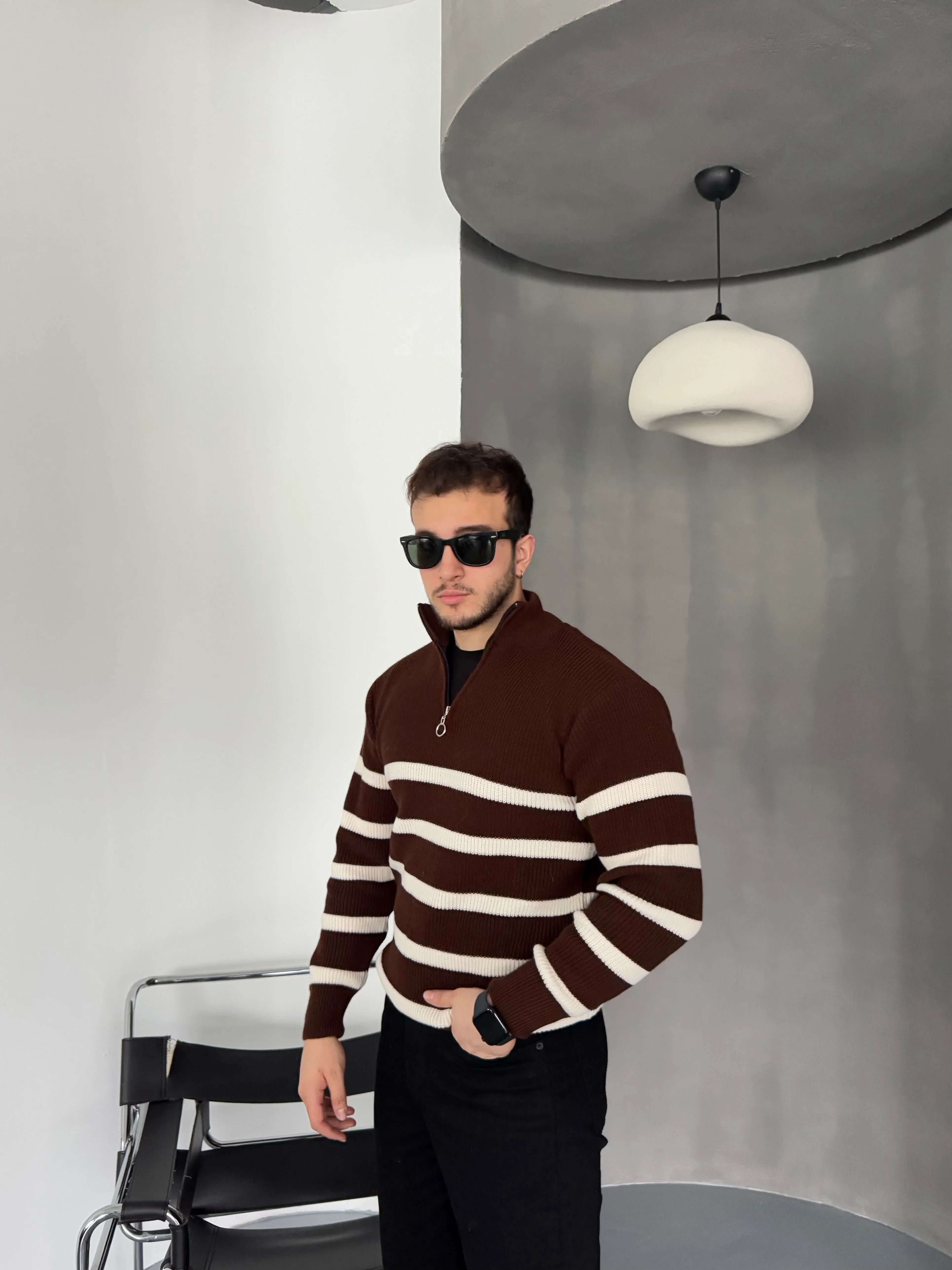 Erkek Yarım Fermuarlı Dik Yaka Kalın Kazak Triko - Livio Ferri