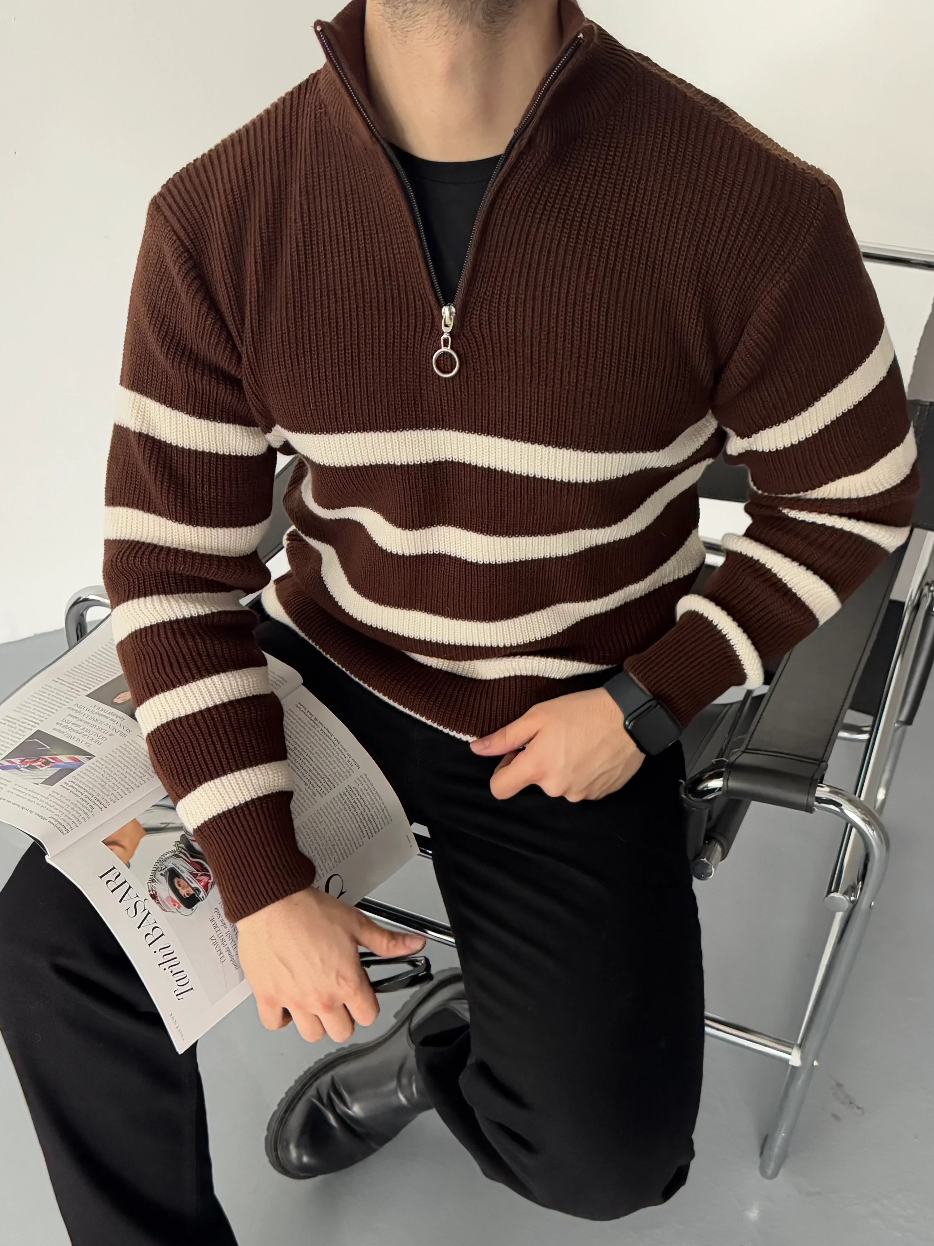 Erkek Yarım Fermuarlı Dik Yaka Kalın Kazak Triko - Livio Ferri