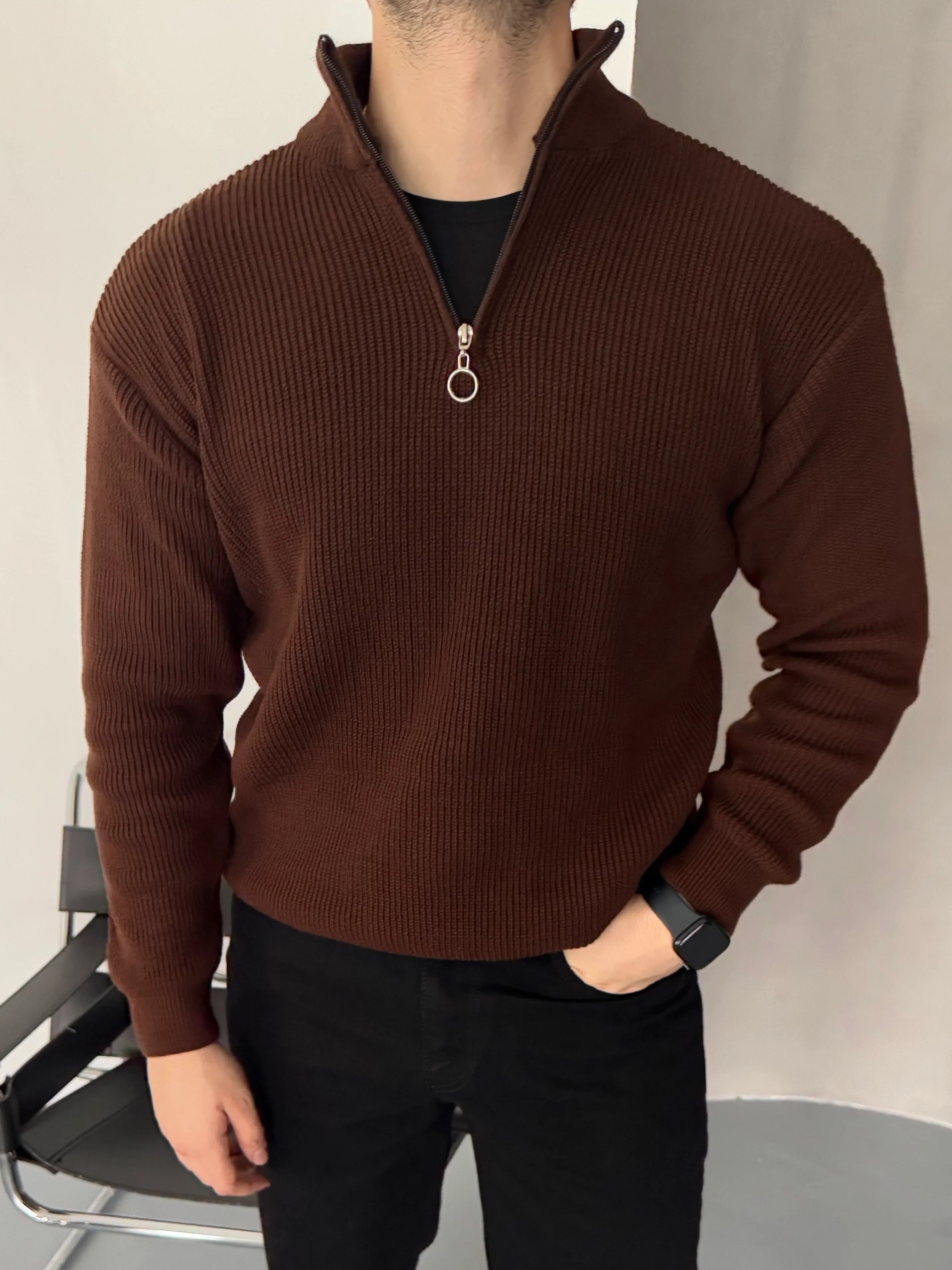 Erkek Yarım Fermuarlı Dik Yaka Kalın Kazak Triko - Livio Ferri