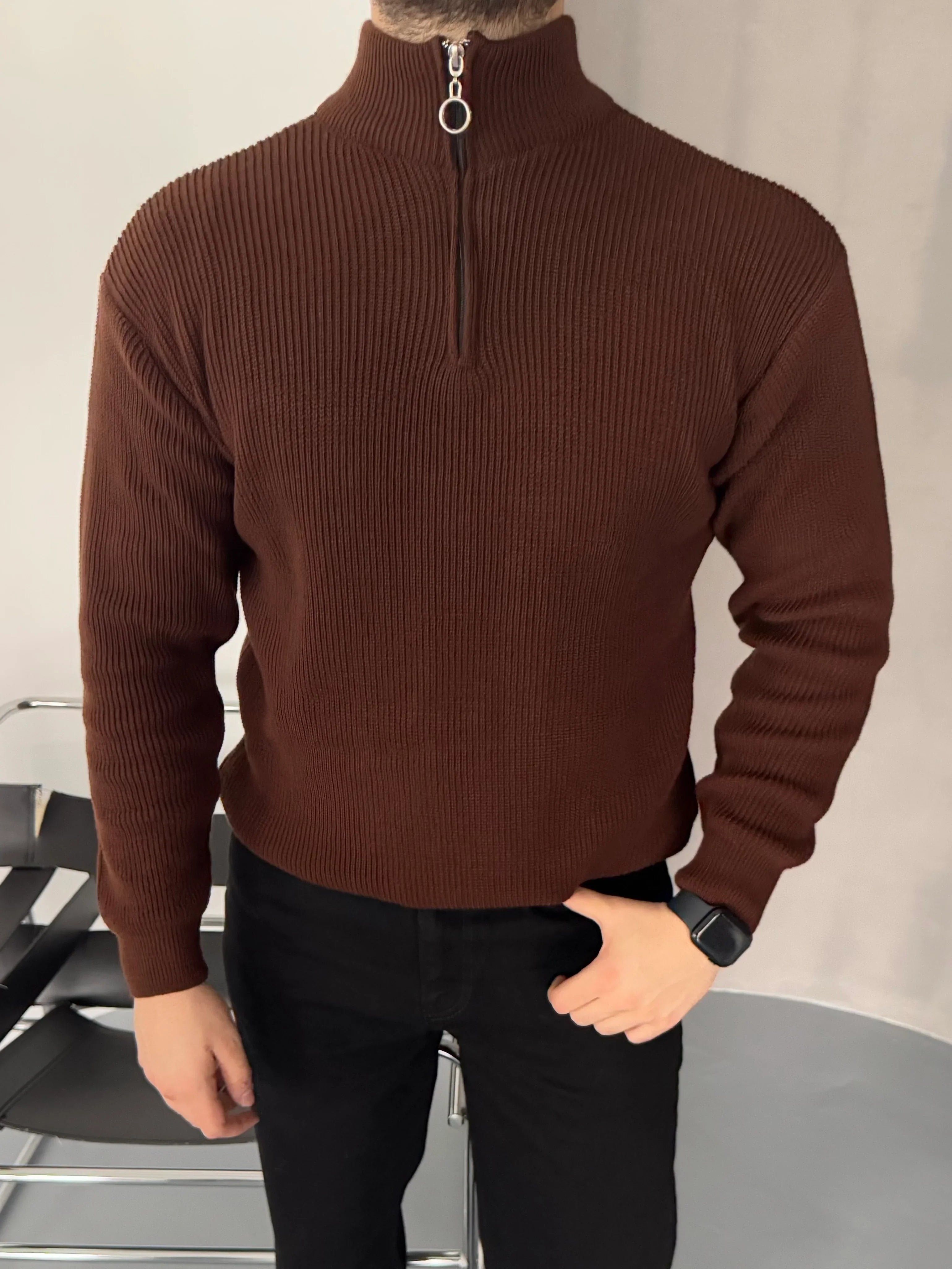 Erkek Yarım Fermuarlı Dik Yaka Kalın Kazak Triko - Livio Ferri