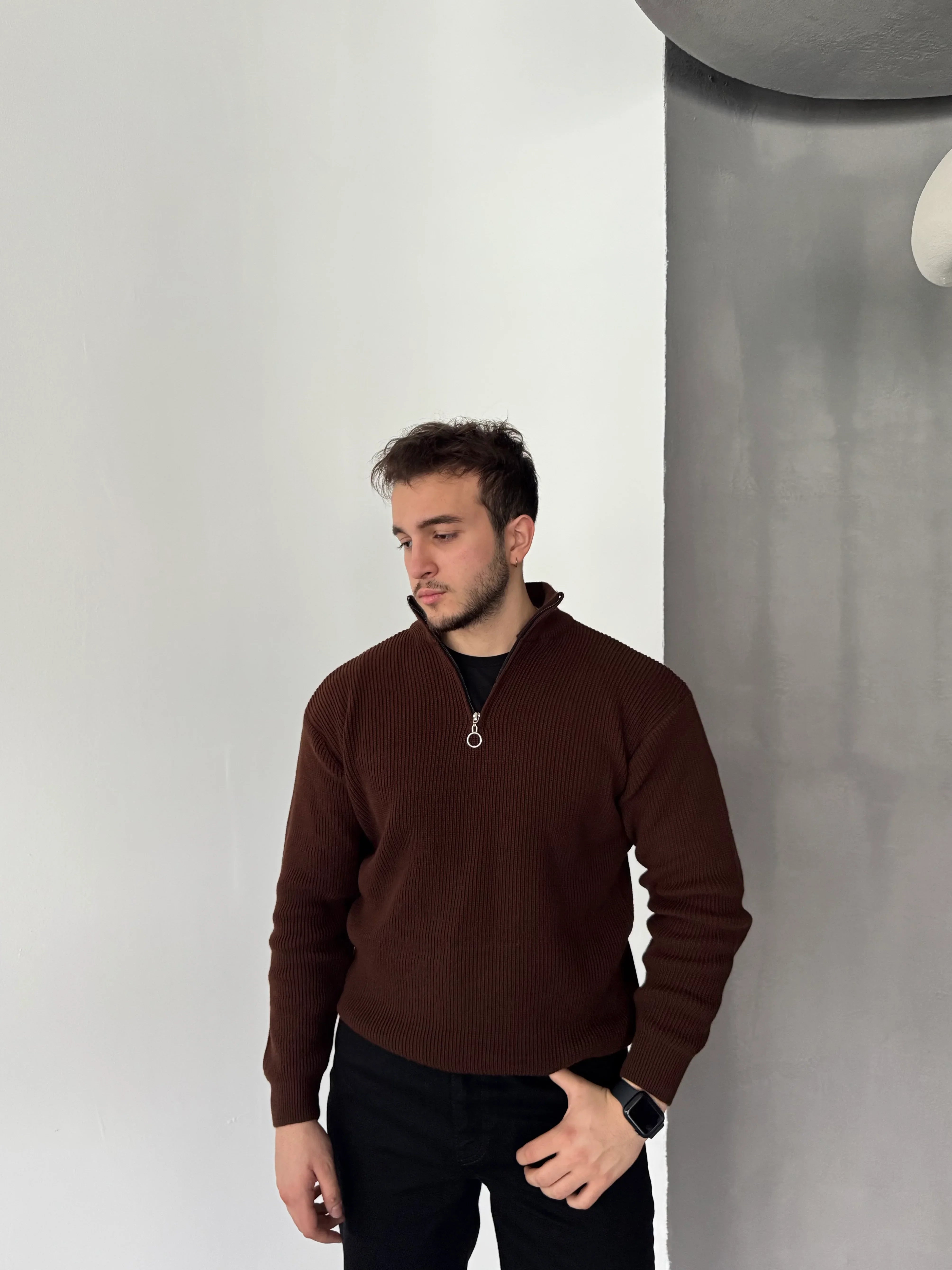 Erkek Yarım Fermuarlı Dik Yaka Kalın Kazak Triko - Livio Ferri