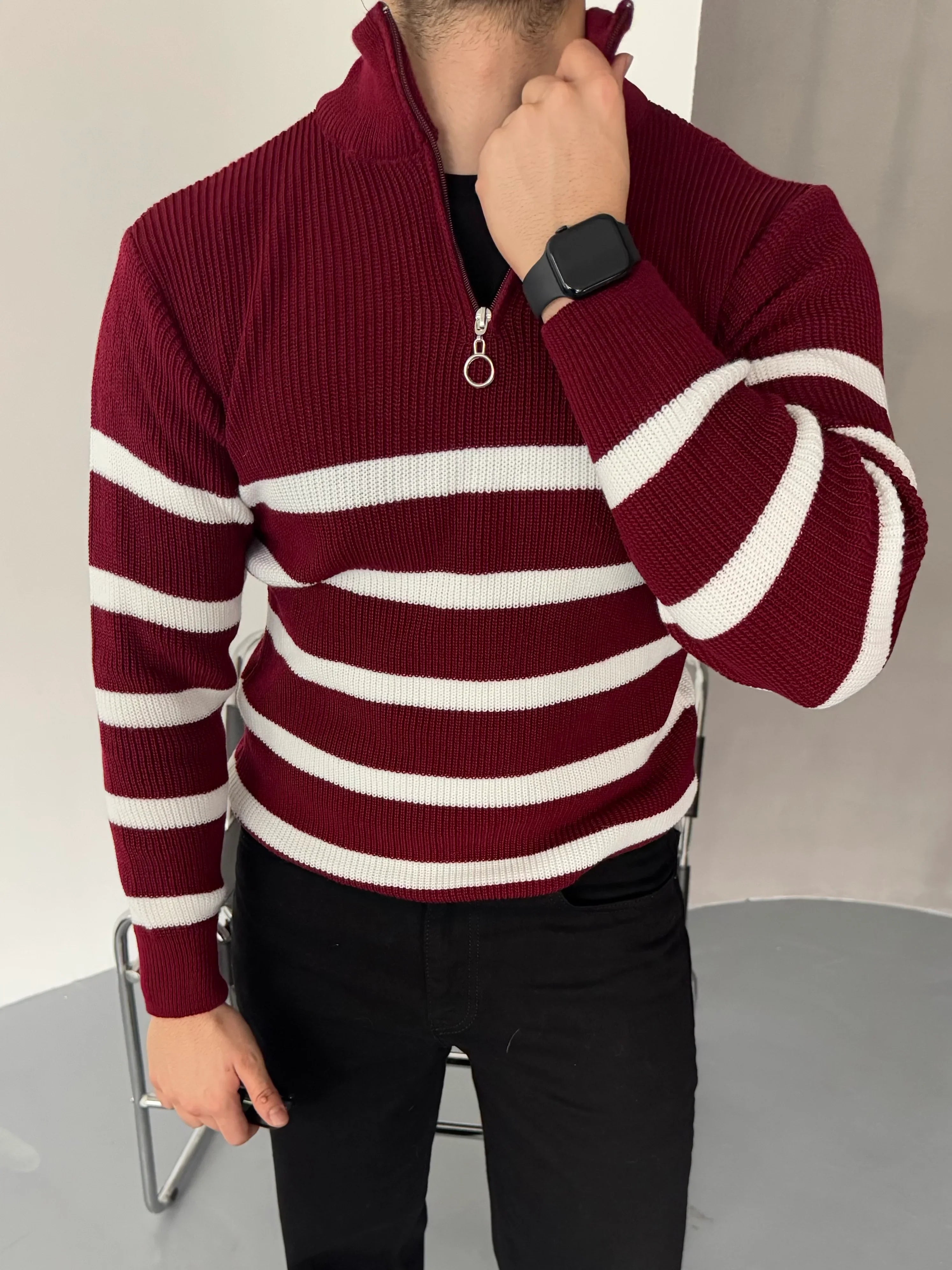 Erkek Yarım Fermuarlı Dik Yaka Kalın Kazak Triko - Livio Ferri