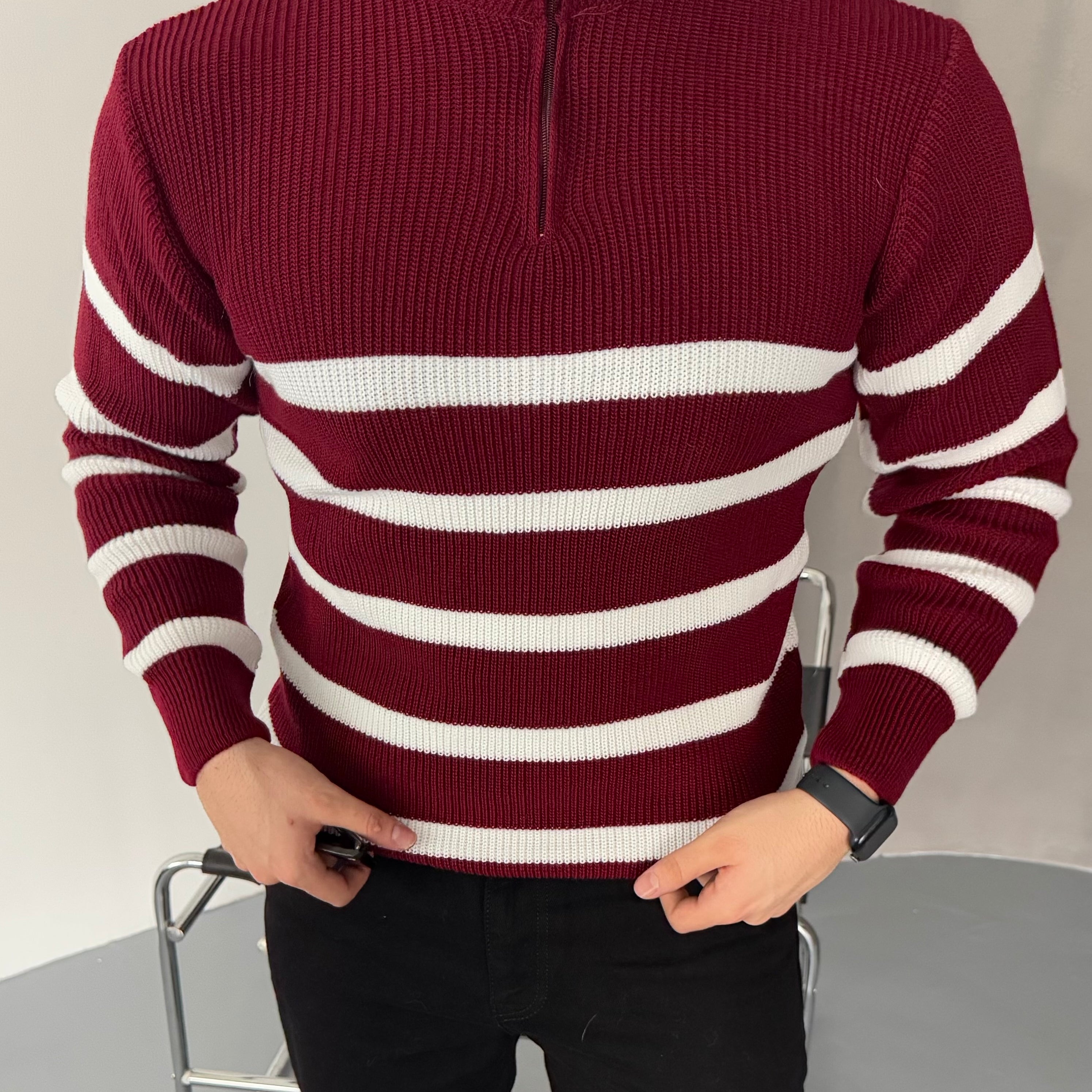 Erkek Yarım Fermuarlı Dik Yaka Kalın Kazak Triko