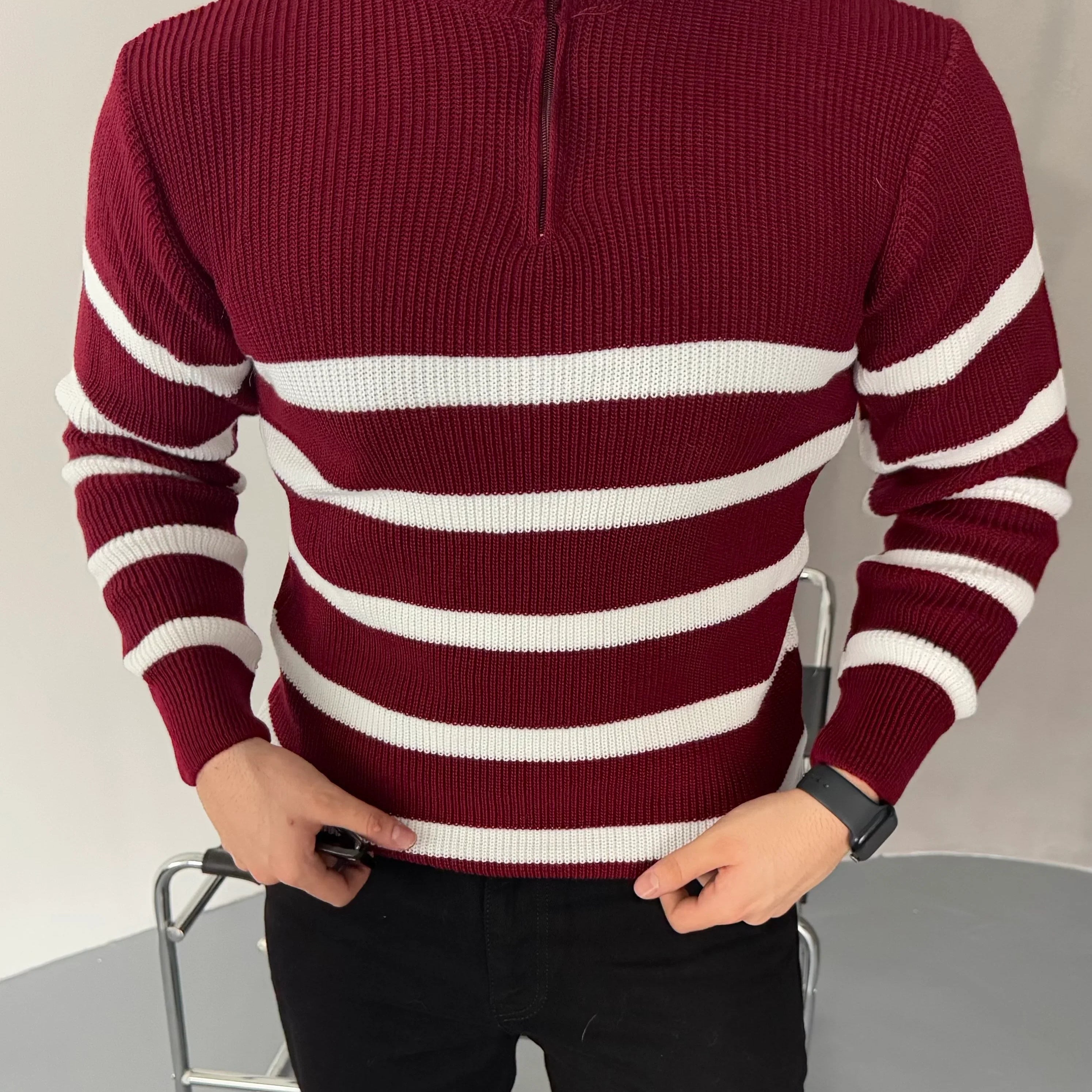 Erkek Yarım Fermuarlı Dik Yaka Kalın Kazak Triko - Livio Ferri