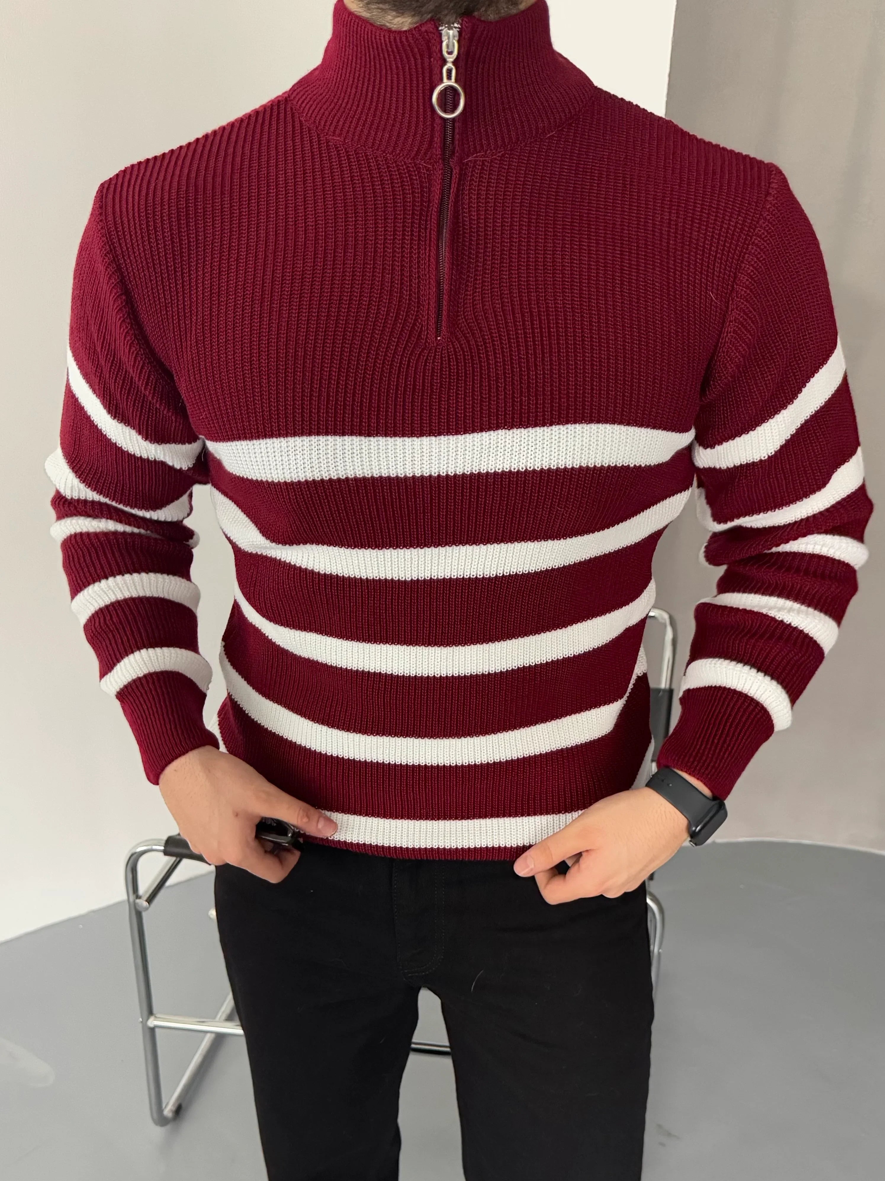 Erkek Yarım Fermuarlı Dik Yaka Kalın Kazak Triko - Livio Ferri