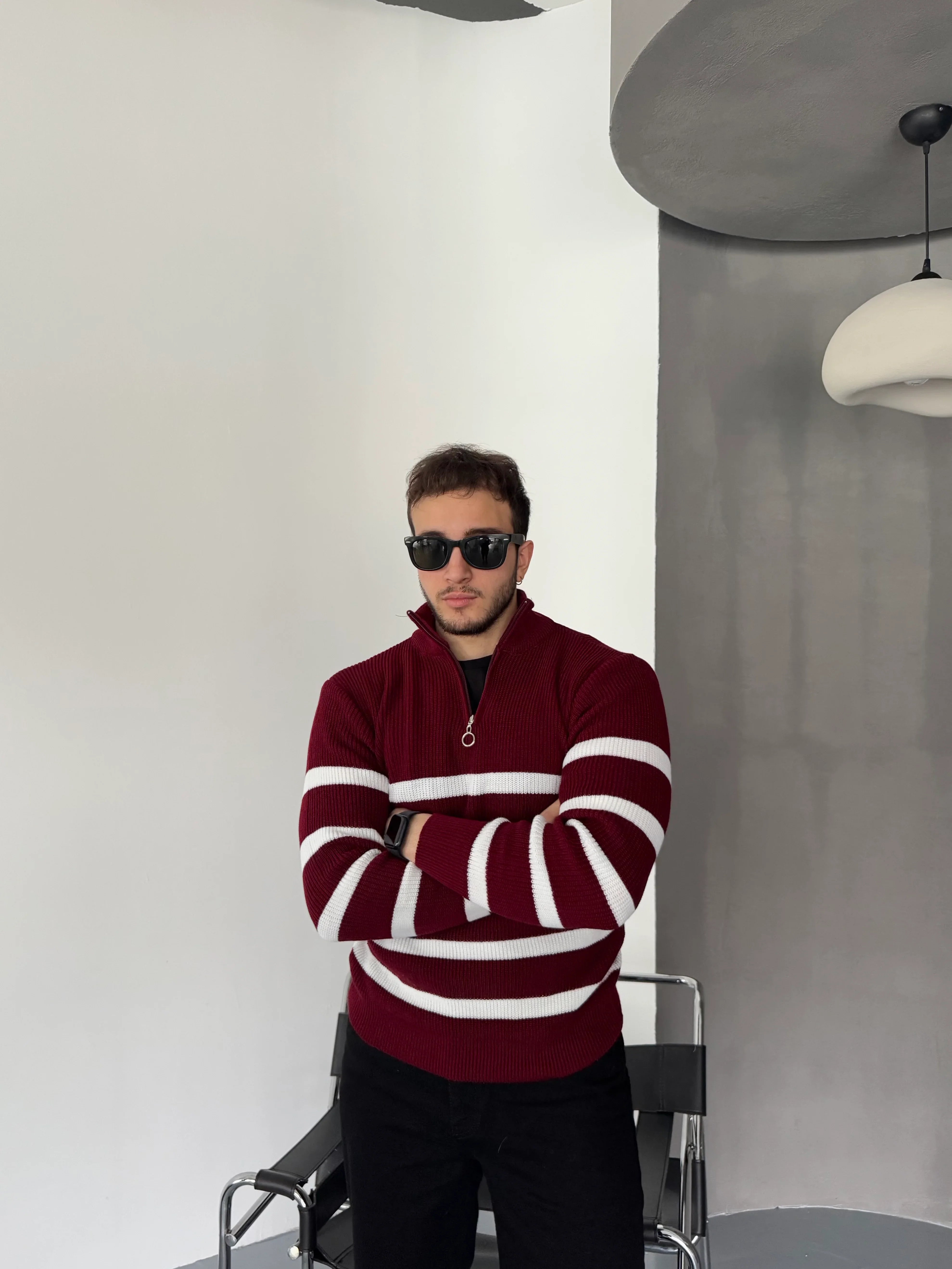 Erkek Yarım Fermuarlı Dik Yaka Kalın Kazak Triko - Livio Ferri