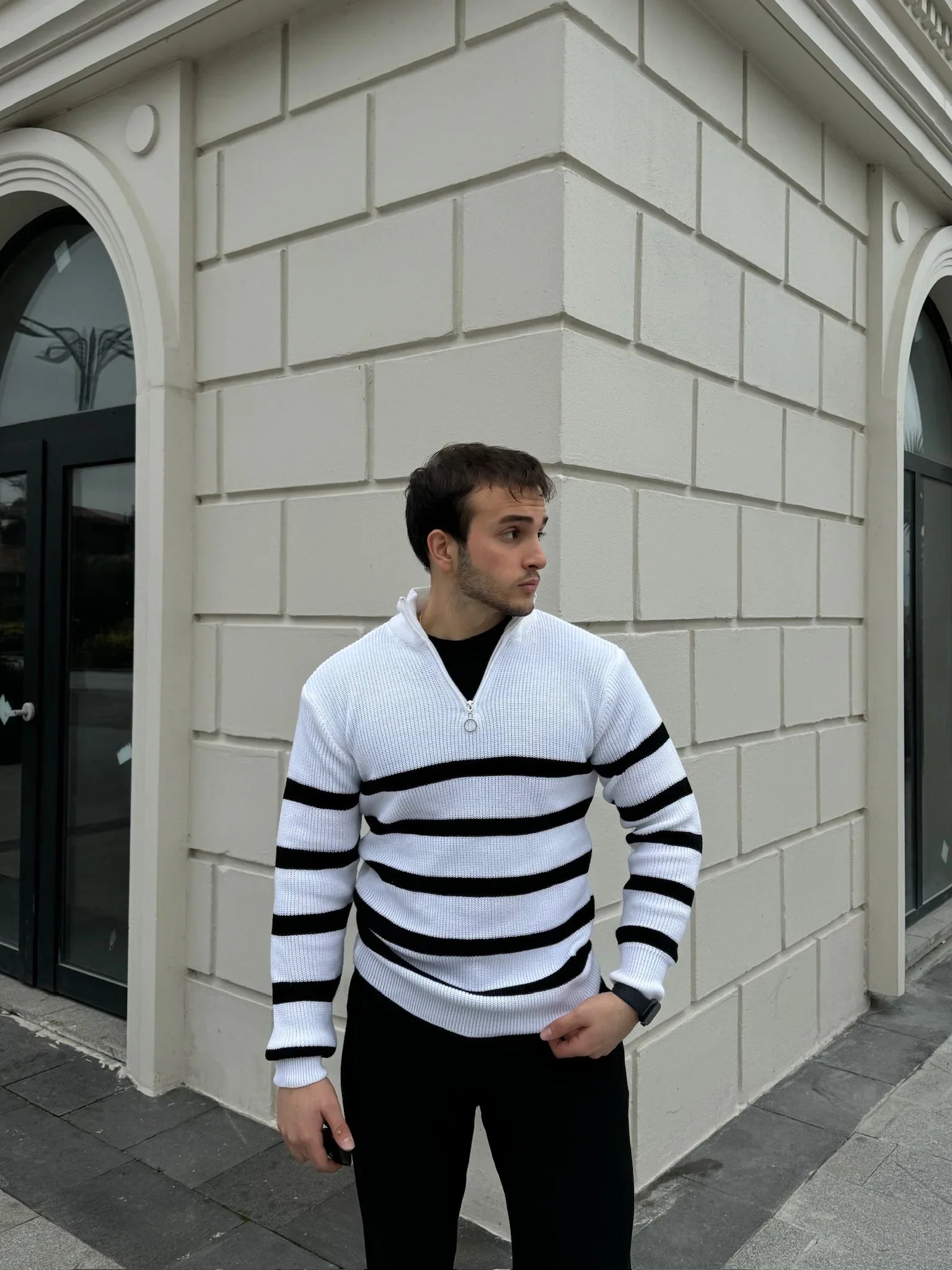 Erkek Yarım Fermuarlı Dik Yaka Kalın Kazak Triko - Livio Ferri