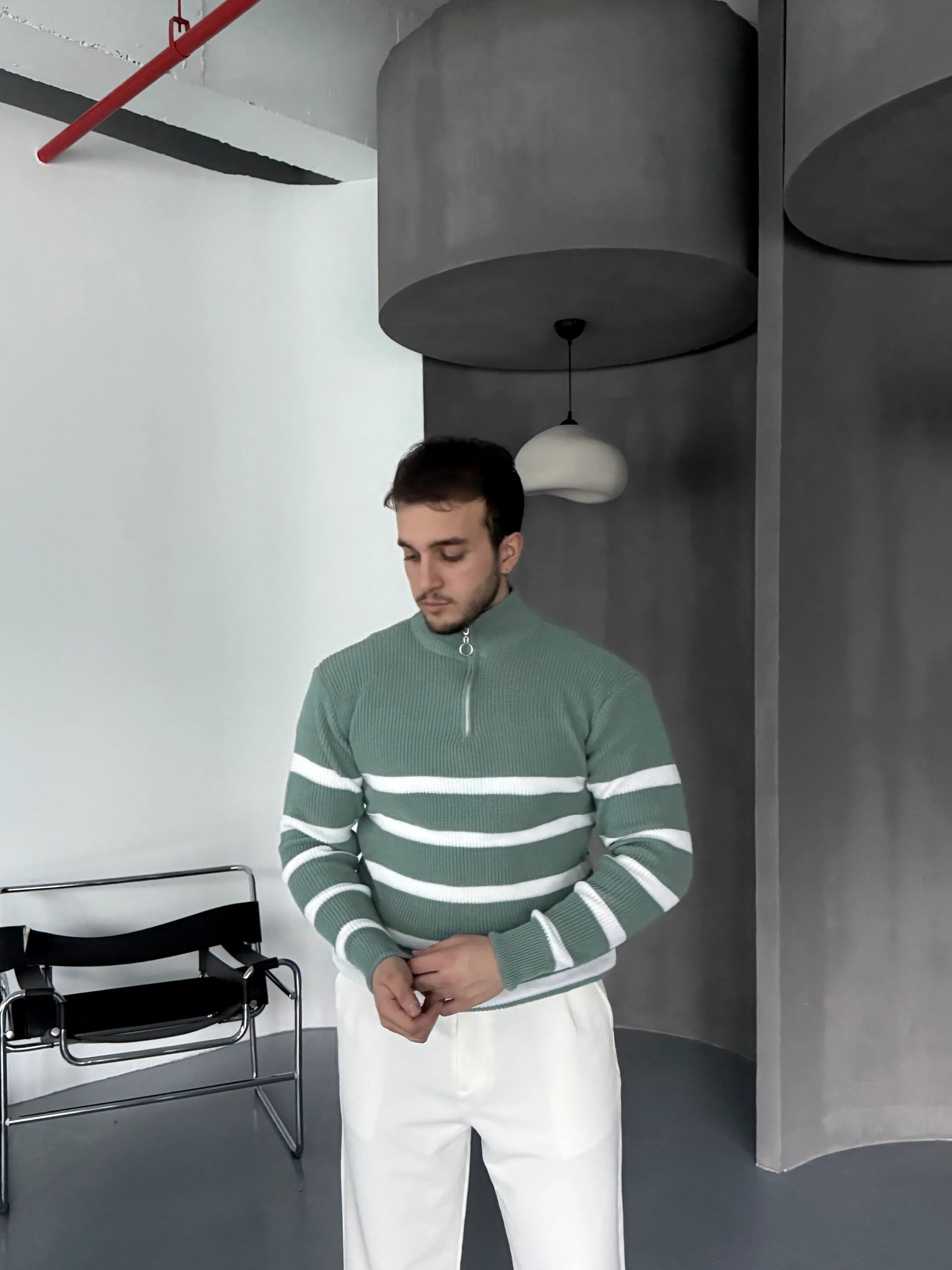 Erkek Yarım Fermuarlı Dik Yaka Kalın Kazak Triko - Livio Ferri