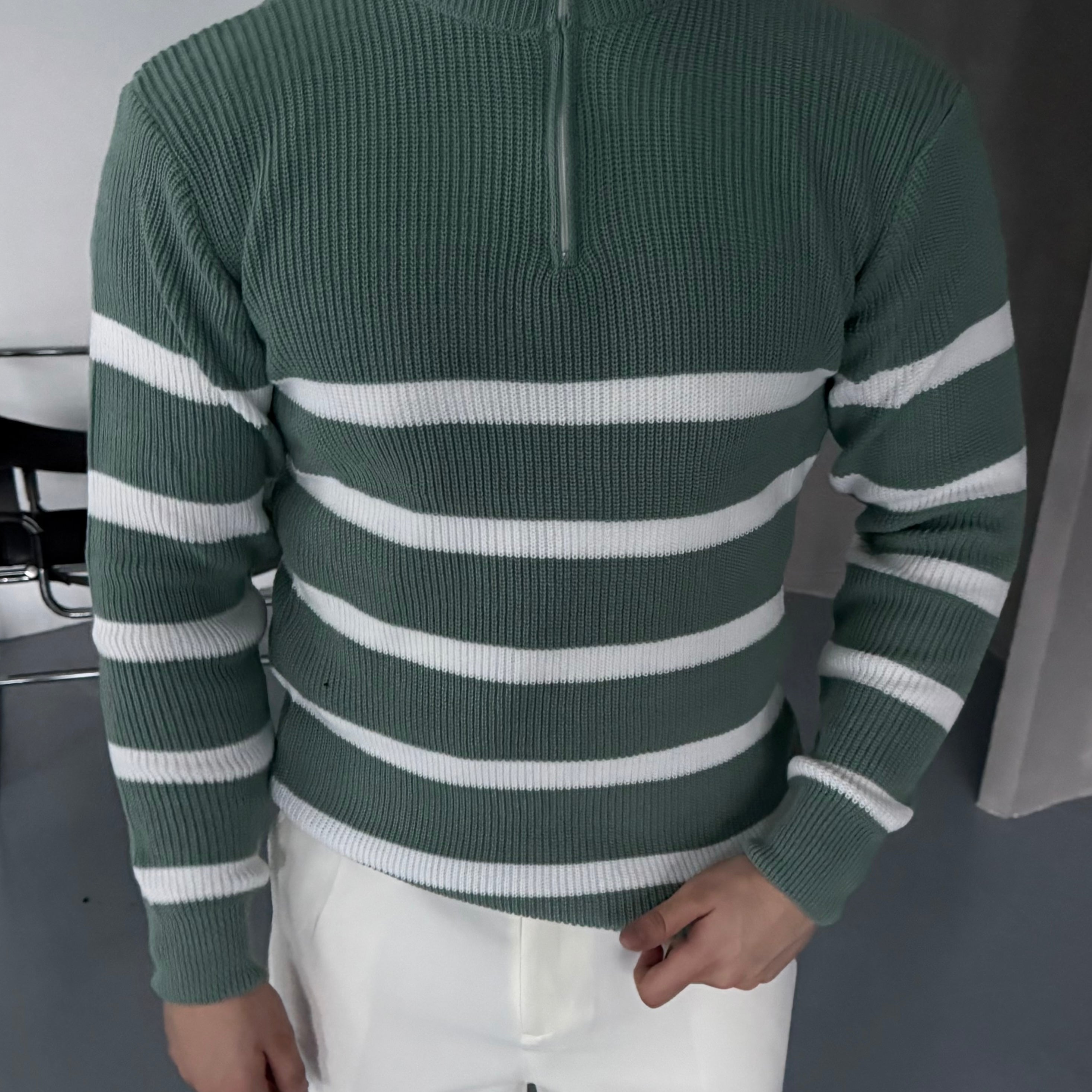 Erkek Yarım Fermuarlı Dik Yaka Kalın Kazak Triko