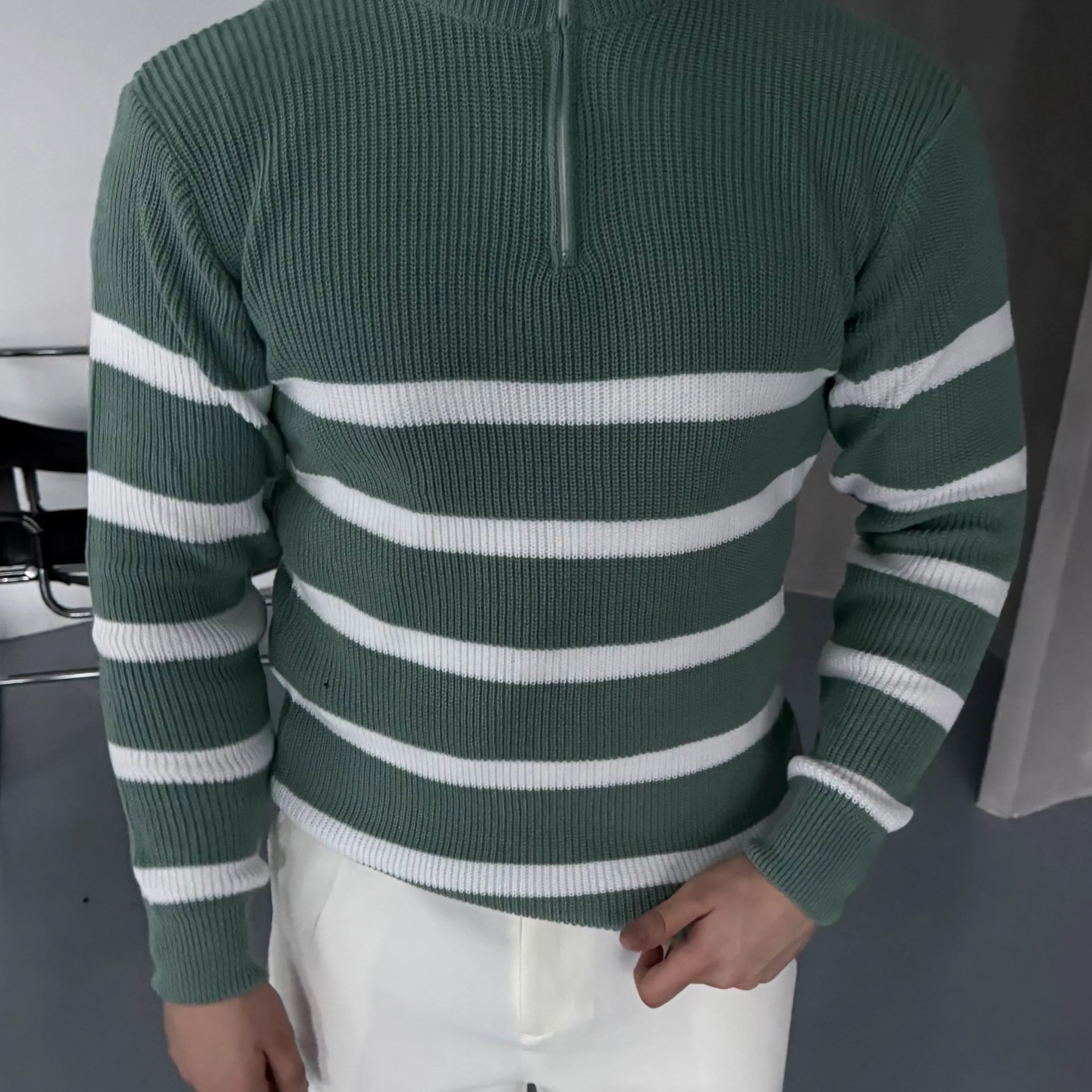 Erkek Yarım Fermuarlı Dik Yaka Kalın Kazak Triko - Livio Ferri