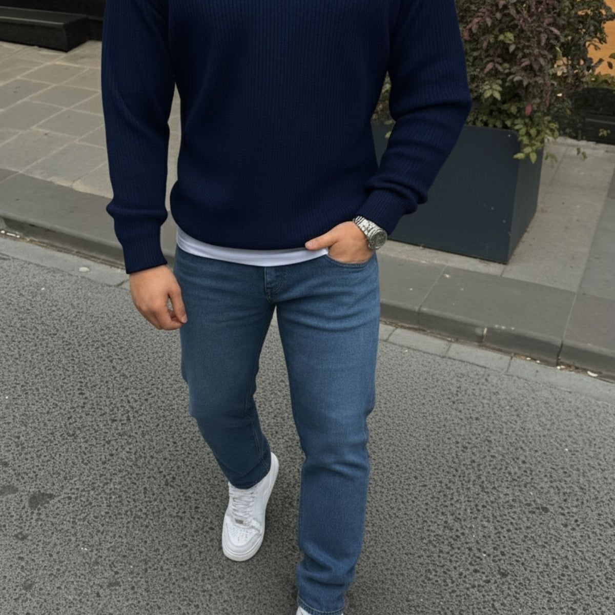 Erkek Yarım Fermuarlı Dik Yaka Kalın Kazak Triko