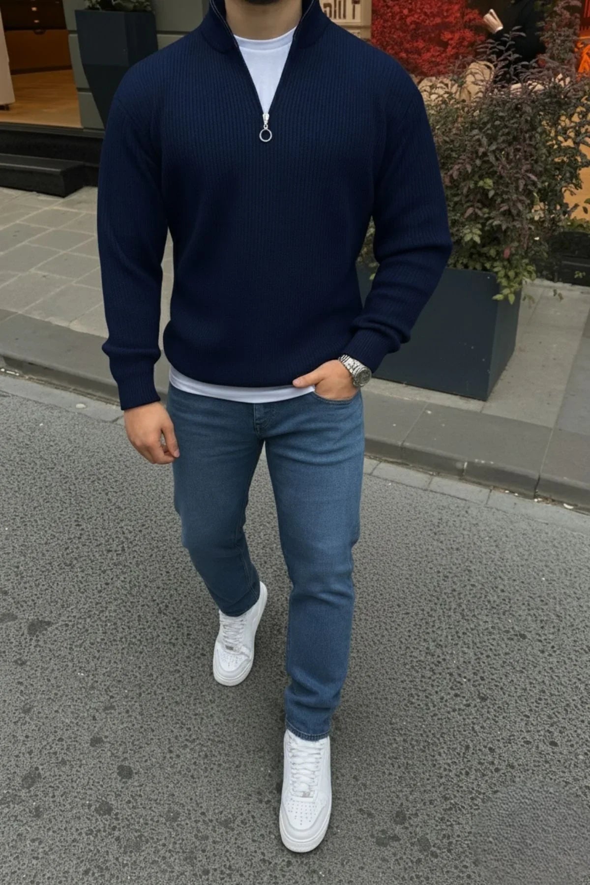 Erkek Yarım Fermuarlı Dik Yaka Kalın Kazak Triko - Livio Ferri