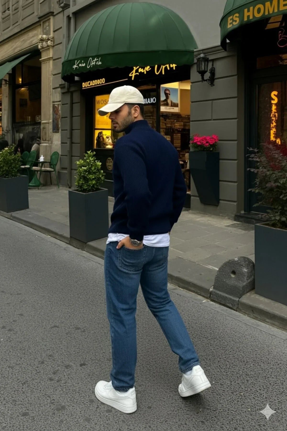 Erkek Yarım Fermuarlı Dik Yaka Kalın Kazak Triko - Livio Ferri