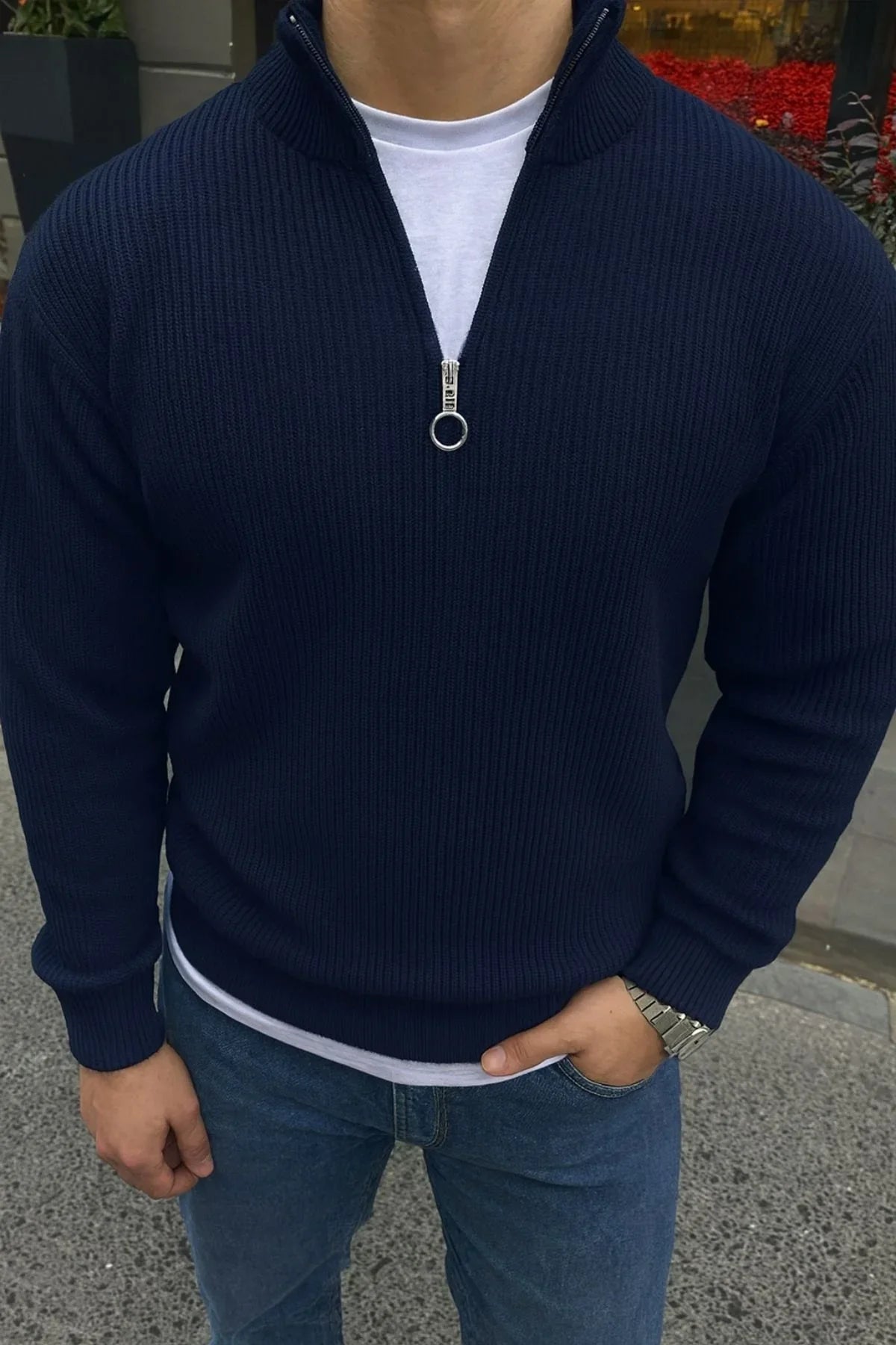 Erkek Yarım Fermuarlı Dik Yaka Kalın Kazak Triko - Livio Ferri