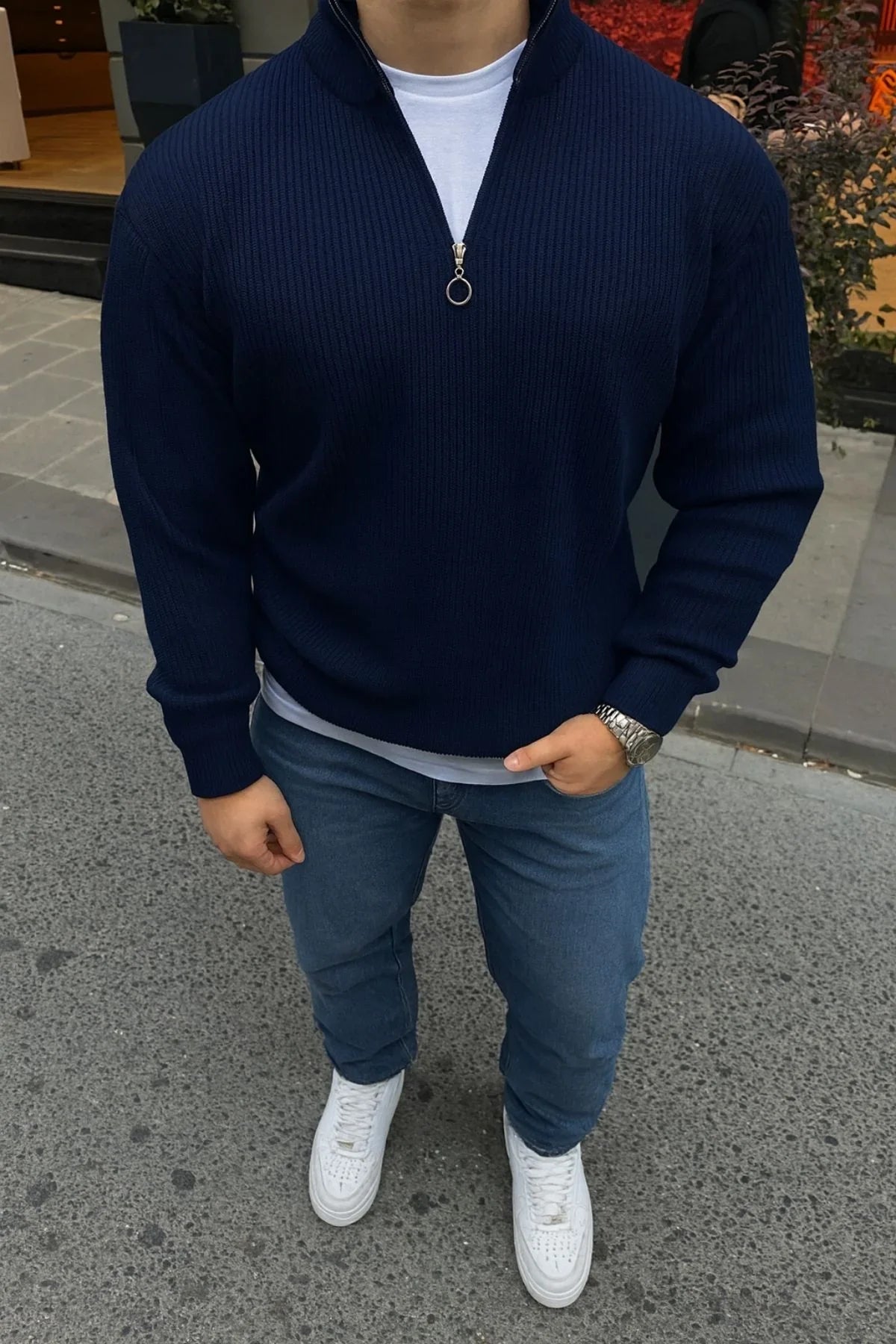 Erkek Yarım Fermuarlı Dik Yaka Kalın Kazak Triko - Livio Ferri